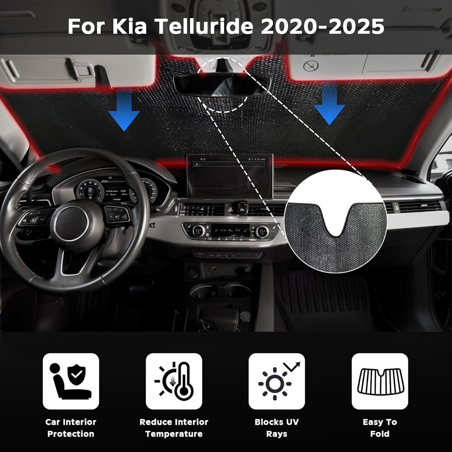 Windshield Sun Shade for Kia Telluride 2020-2025 - 5-Layer Bubble Foldable Front Window Shade Sun Visor Accessories - Blocks Heat & UV Rays