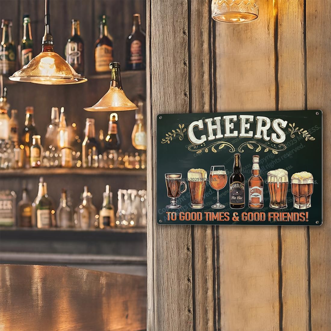 "Cheers to Good Times" Vintage Bar Sign or Man Cave Decor – 12x8″ Durable Metal Beer Signs Wall Decorations for Home Bar/Basement/Garage/Mancave, 2346
