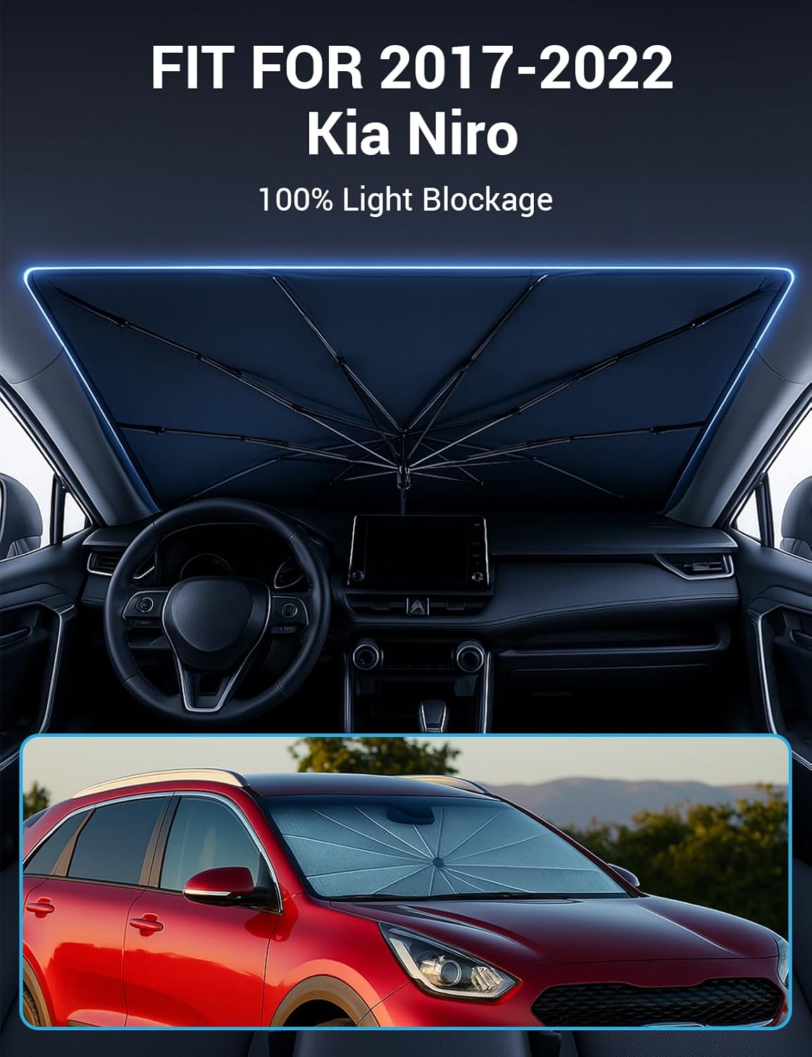 Proadsy Windshield Sun Shade Umbrella for Kia NIRO 2017-2022 Foldable Car Umbrella Sunshade with Soft TPU Handle Spring Structure Crystal Cooling Material Protect Car from Rays & Heat