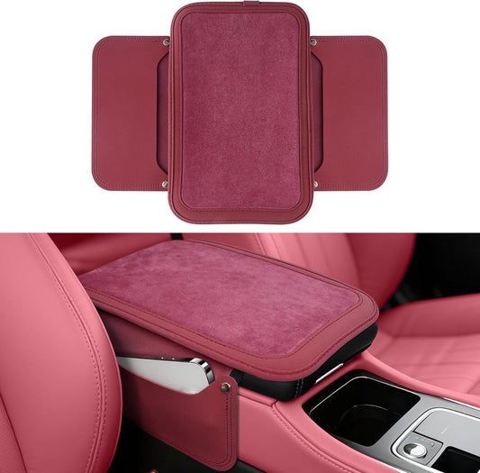 SINGARO Car Leather Center Console Cover with 2 Storage Bags, Universal Furry Fluffy Car Armrest Seat Box Pad, Comfortable Car Interior Accessories, Fits for Most Vehicles (Red)