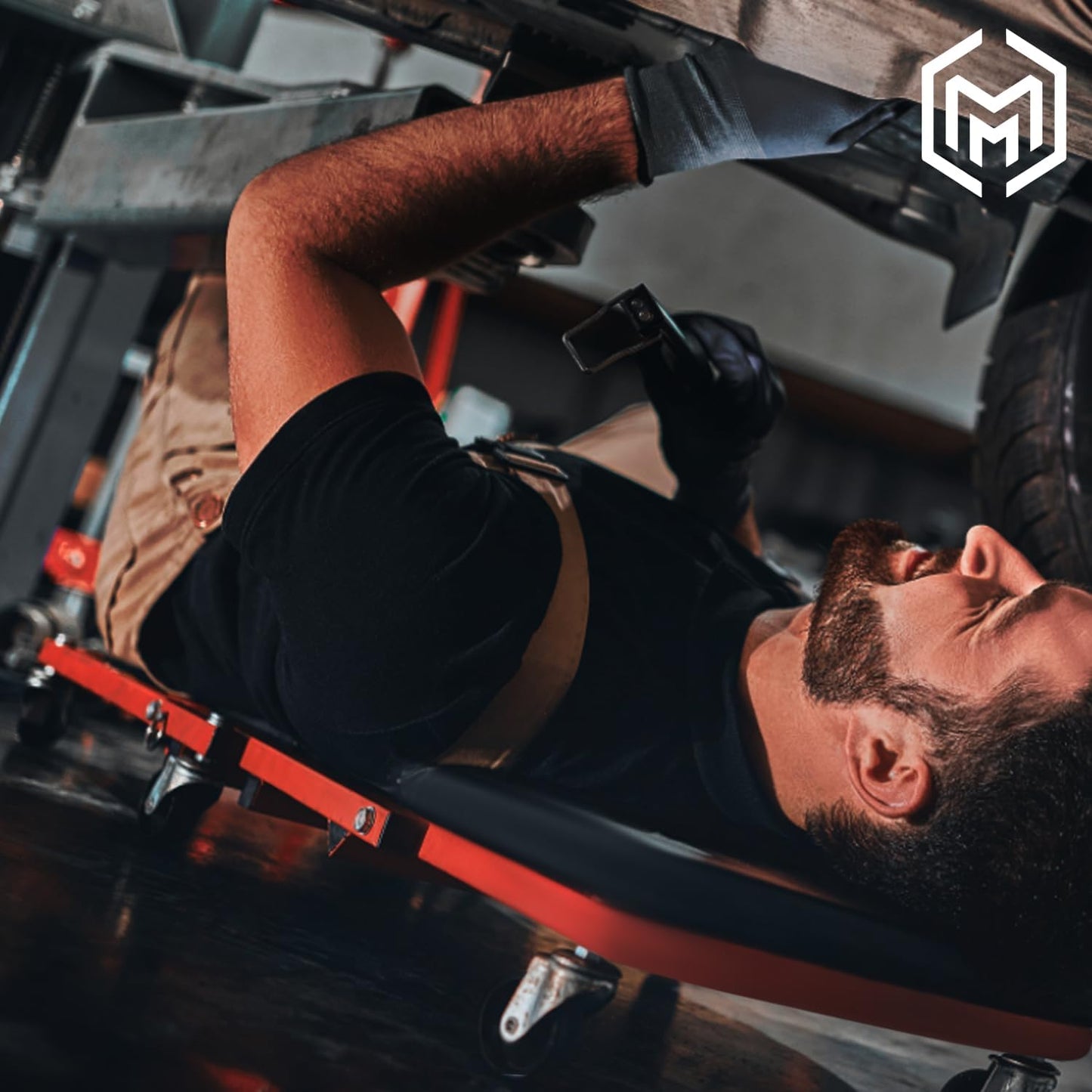 M-AUTO 40-Inch Folding Creeper Rolling Seat, All-in-One Adjustable Roller Garage Chair, Lay Down or Sit, 330LBS Capacity Under Car Roller Creeper with 6 Swivel Casters, Red