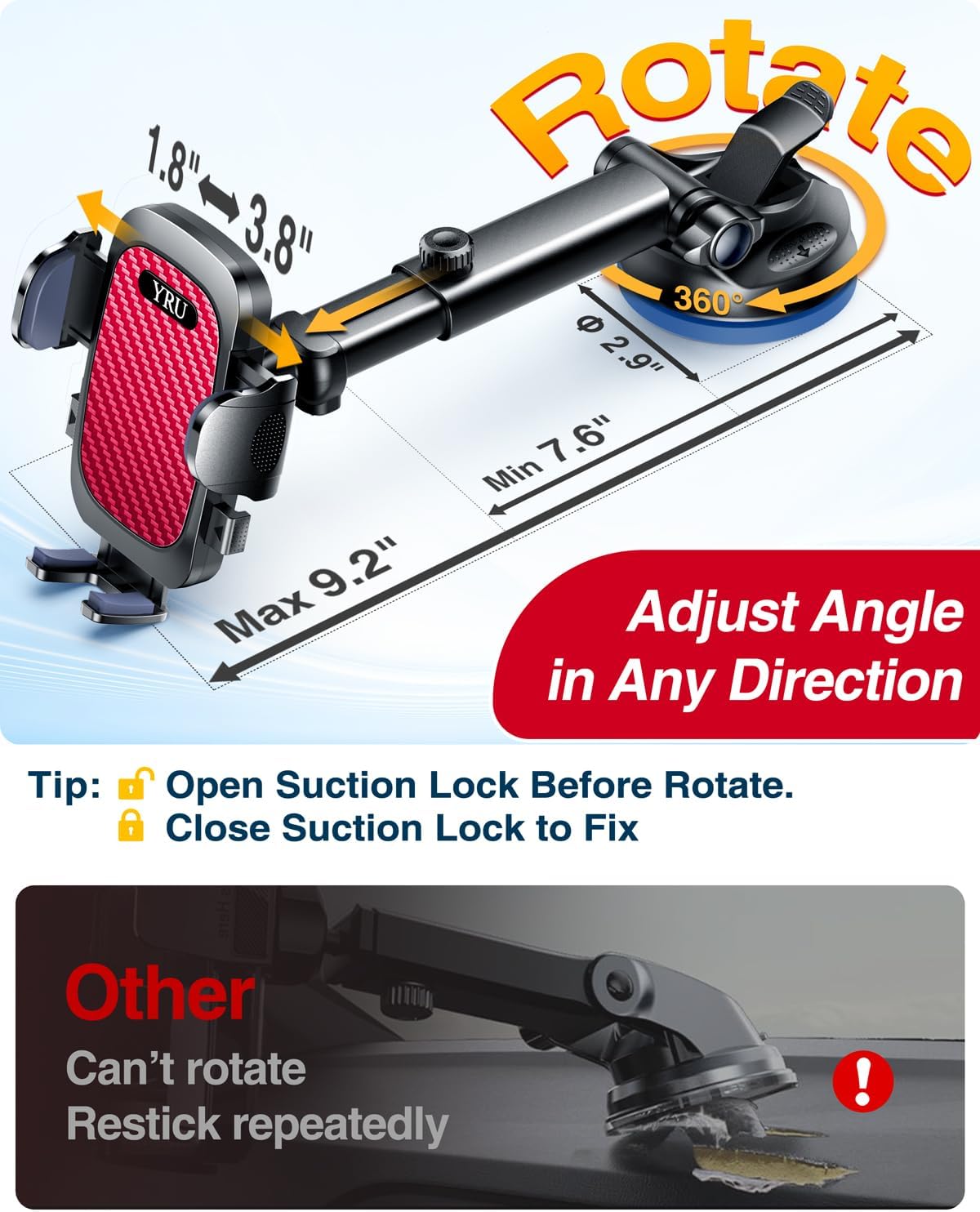 YRU [True Military-Grade & 360 Degrees Rotatable Suction 2025 Ultimate Car Phone Holder Mount 【90+LBS Safest Strongest & Patent Certs】 Dashboard Windshield Vent for iPhone 16 15 Pro Max Samsung, Red