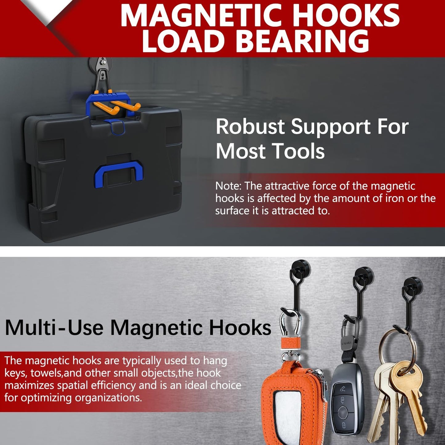 3-H Heavy Duty Magnet Garage Hooks 2 Pack, Extra Large Strong Magnetic Hooks for Hanging Cordless Power Drill, Utility Magnetic Tool Holder for Metal Cabinet, Steel Pegboard, Toolbox, Garage(Orange)