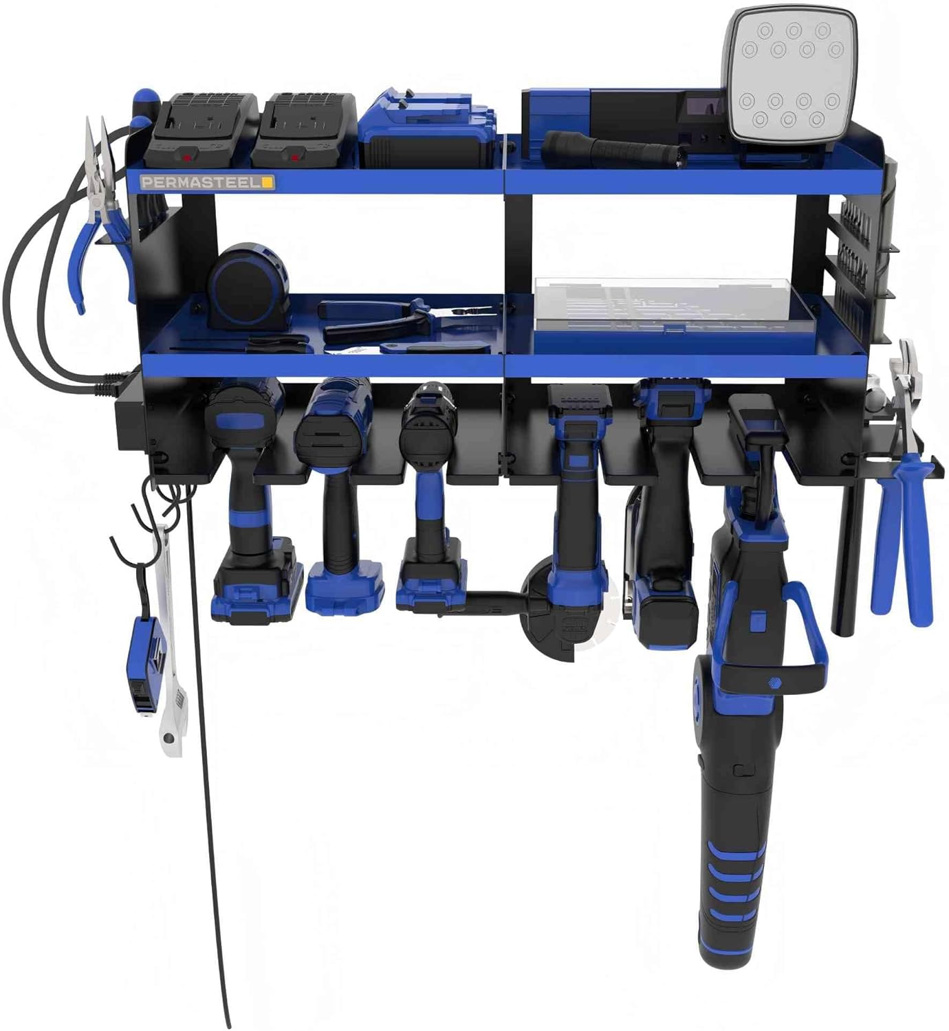 Permasteel Power Tool Organizer Wall Mount - 150 Lbs Load 3-Layer Heavy Duty Metal Storage Rack with Charging Station, Holds 6 Drills, 9 Hand Tools and 16 drill bits for Garage and Workshop, Blue