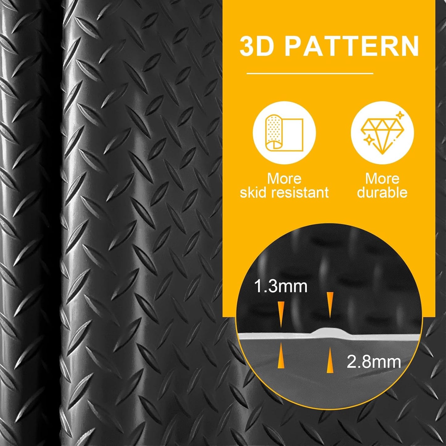 4x8FT Garage Floor Mat, 2.8mm Thickened Flooring Roll for Under Car, Golf Cart Parking Mat, Diamond Plate PVC Rubber Motorcycle Mat, Non-Slip Floor Protector for Garage Warehouse Trailer, Black