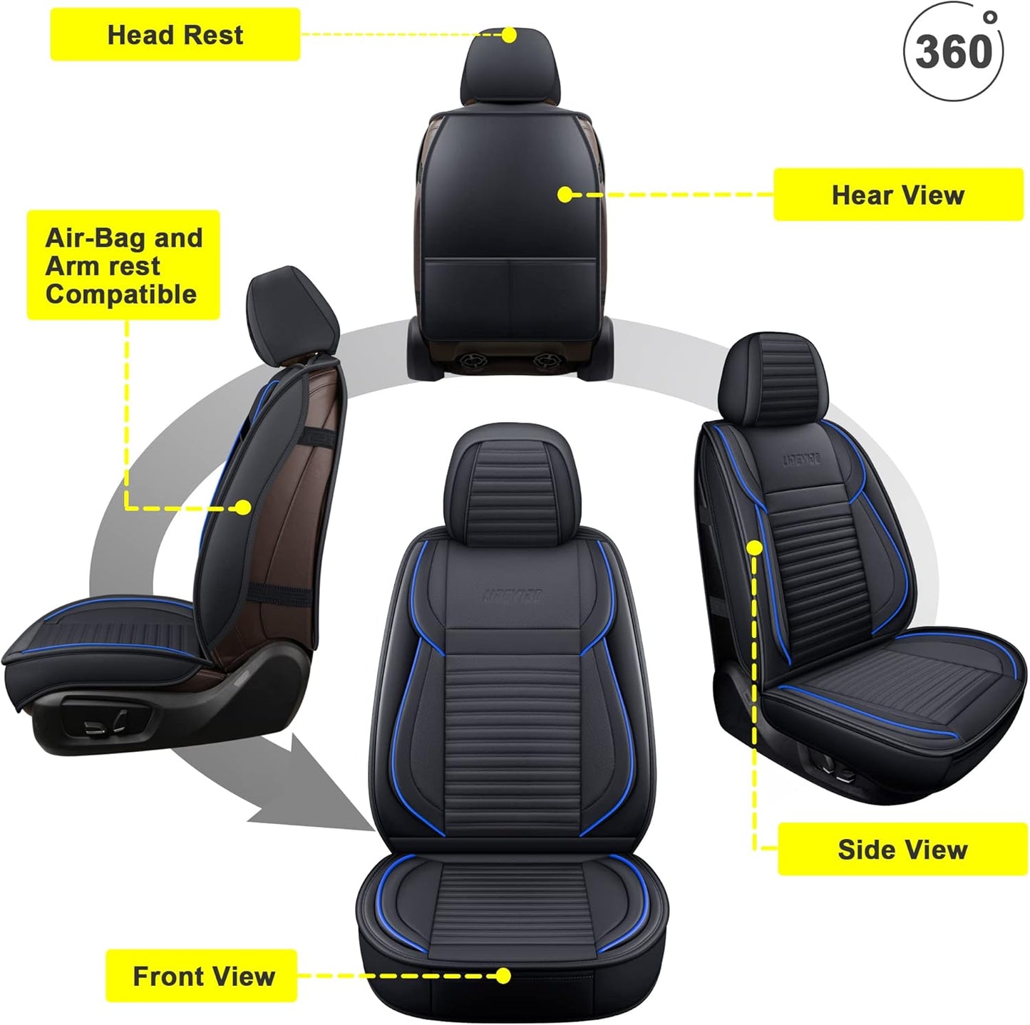 LINGVIDO Car Seat Covers, Breathable and Waterproof Faux Leather Automotive Seat Covers for Cars SUV Truck Sedan,Universal Anti-Slip Seat Cover with Backrest (Full Set, Black-Blueline)