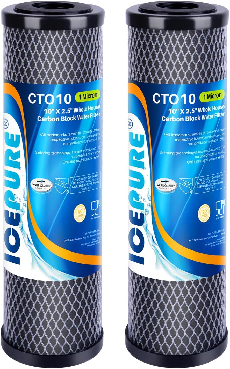 ICEPURE 1 Micron 2.5" x 10" Whole House CTO Carbon Sediment Water Filter Cartridge Compatible with DuPont WFPFC8002, WFPFC9001, SCWH-5, WHCF-WHWC, WHCF-WHWC, FXWTC, CBC-10, RO Unit, Pack of 2