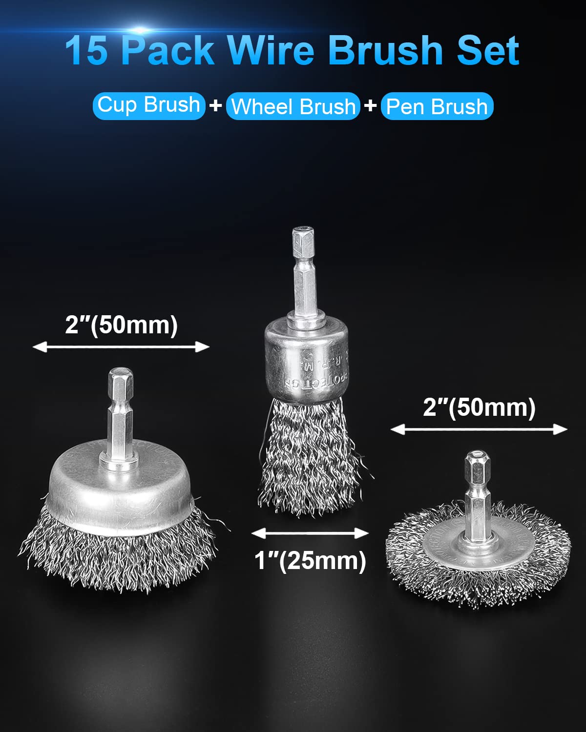 15 Pack Carbon Steel Wire Wheel Brush, Rocaris Cup Brush, Wheel Brush, Pen Brush Set with 1/4-Inch Hex Shank for Rust Removal, Corrosion and Scrub Surfaces