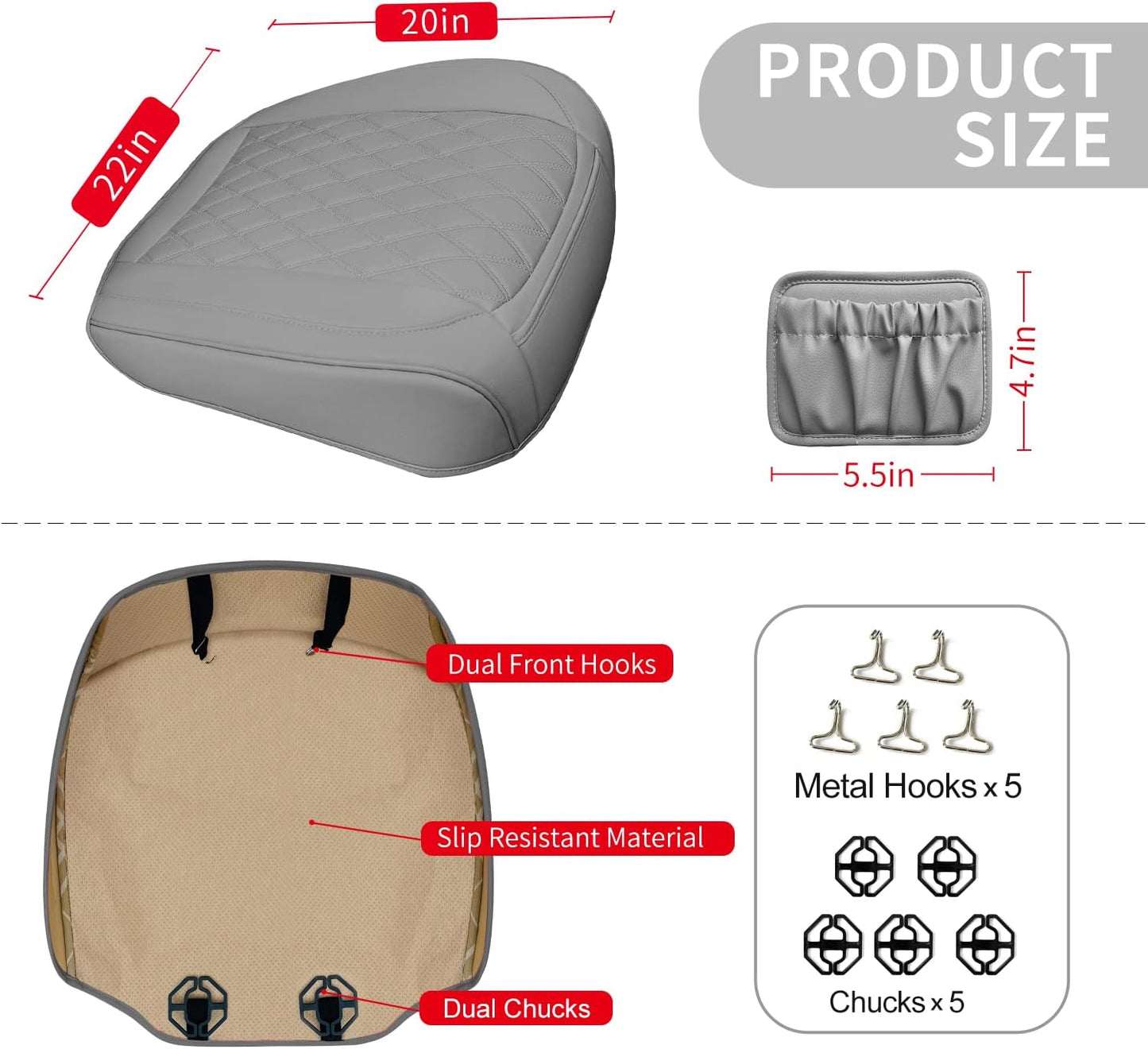 2 Pack PU Leather Front Car Seat Cover Bottom Car Seat, Anti-Slip and Full Wrap Driver Car Seat Protectors with Storage Pocket, Luxury Waterproof Bottom Auto Seat Cushion Pad for Most Vehicles(Gray)