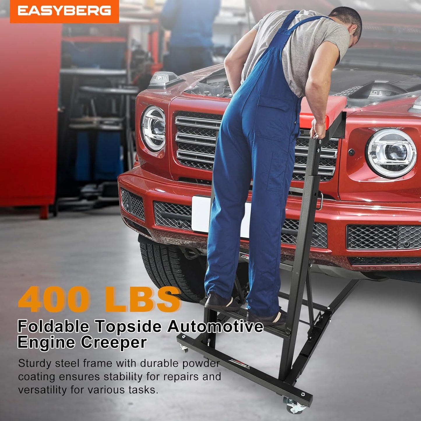 EASYBERG Foldable Topside Creeper, 400LBS Capacity Height Adjustable High Top Engine Creep for Truck Home Garage Workshop Repair Maintaince with Casters and Padder Deck