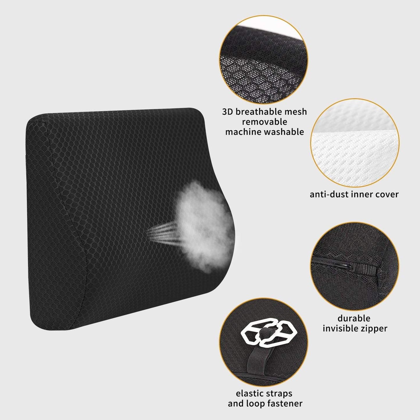 Memory Foam Lumbar Support Pillow for Car - Lower Back Support Cushion for Driving, Back Pain Relief for Car Seat, Office Chair, Wheelchair (Black)