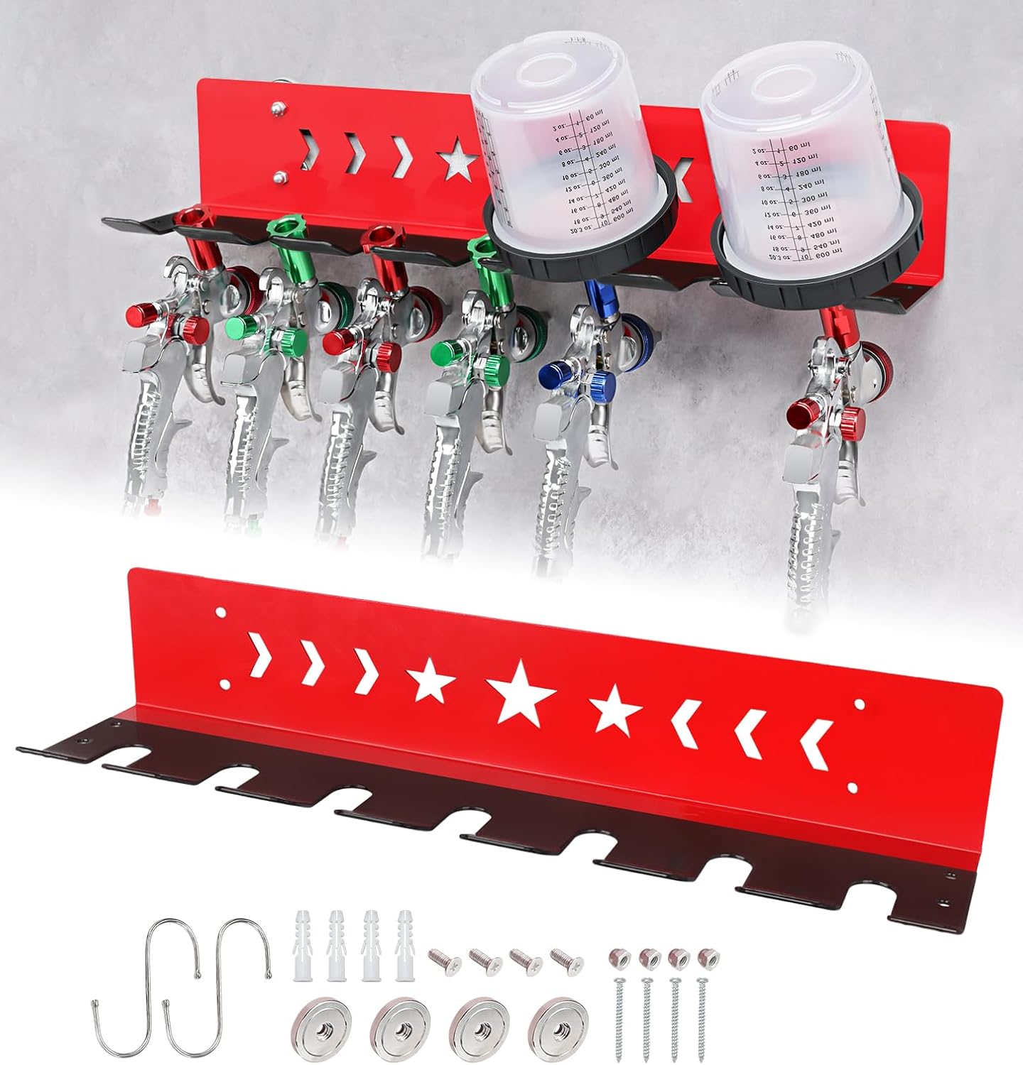 Paint Spray Gun Rack for Magnetic or Wall Mount, Holds 7 Gravity Feed Guns or 4 with Cups, Heavy-Duty Steel Paint Organizer with S-Hooks for Garage, Body Shop or Workshop, Red
