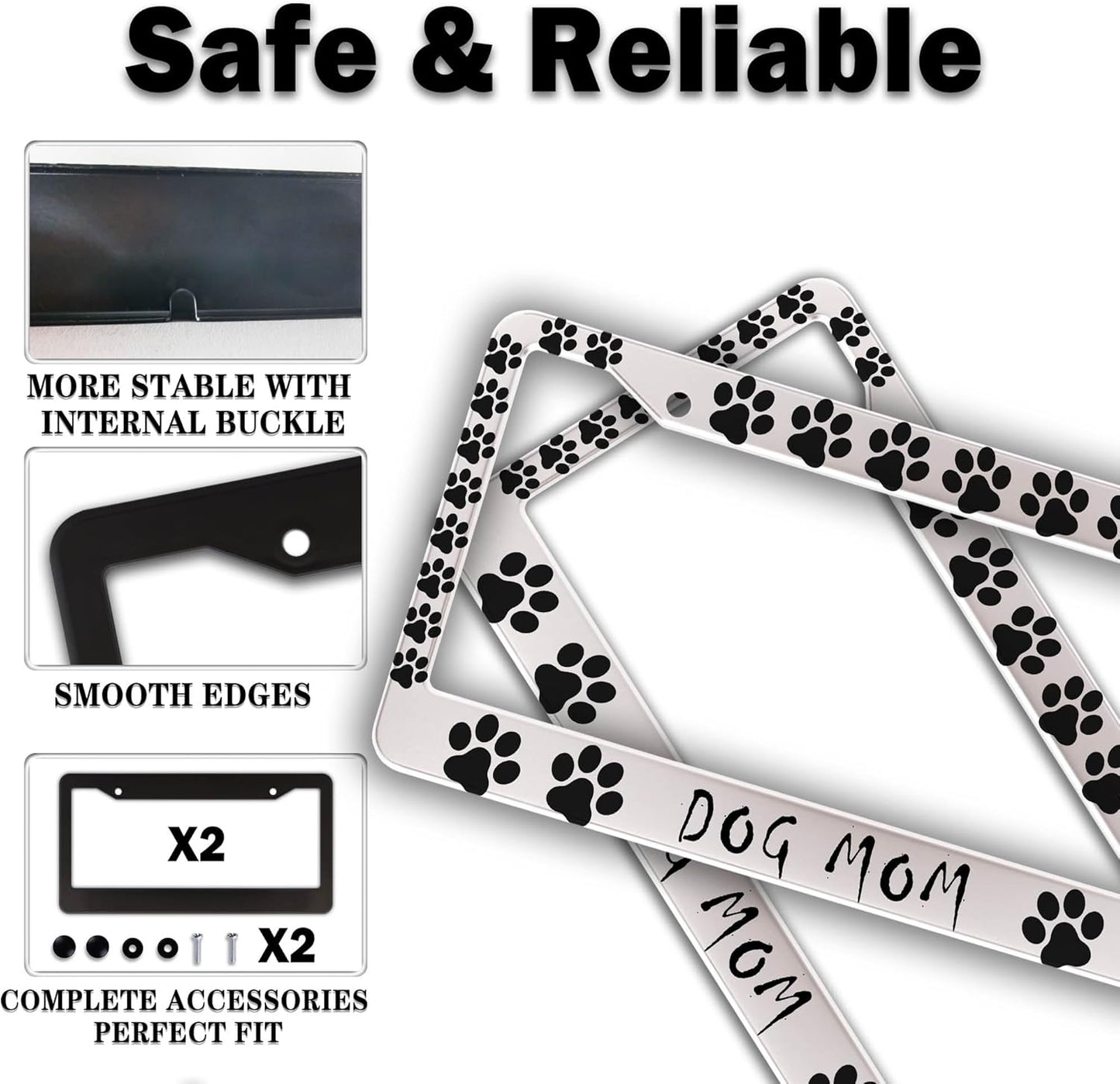 Fun License Plate Frame Cover Black and White License Plate Frames Dog Mom Dog Lover Aluminum Metal Car Accessory 2 Pack with Screw Covers Set