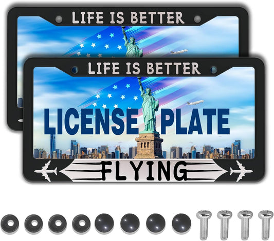 License Plate Frames Black and White Automotive Exterior Accessories Life is Better Flying Aluminum Metal Car Accessory 2 Pack with Screw Covers Set
