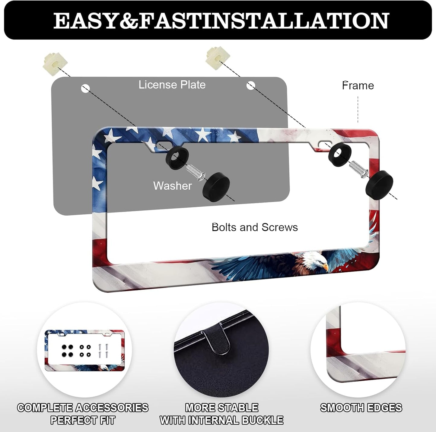 American Flag Eagle License Plate Frames - 2 Pack US Flag Patriotic Stainless Steel License Plate Holder,Rust-Proof Waterproof Car Decorative Tag Frame with Screws Fasteners Caps