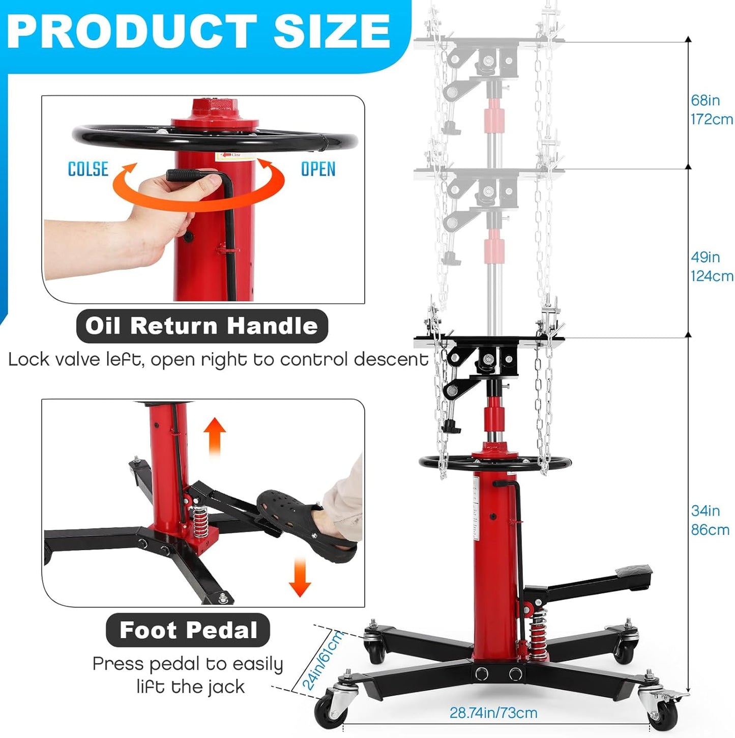 Transmission Jack, 1100lbs (1/2 Ton), 2-Stage Hydraulic Telescopic Jacks, Lifts 34"-68", with Foot Pedal & 360° Swivel Wheels, Ideal for Garage and Car Lifting, Heavy-Duty, Red
