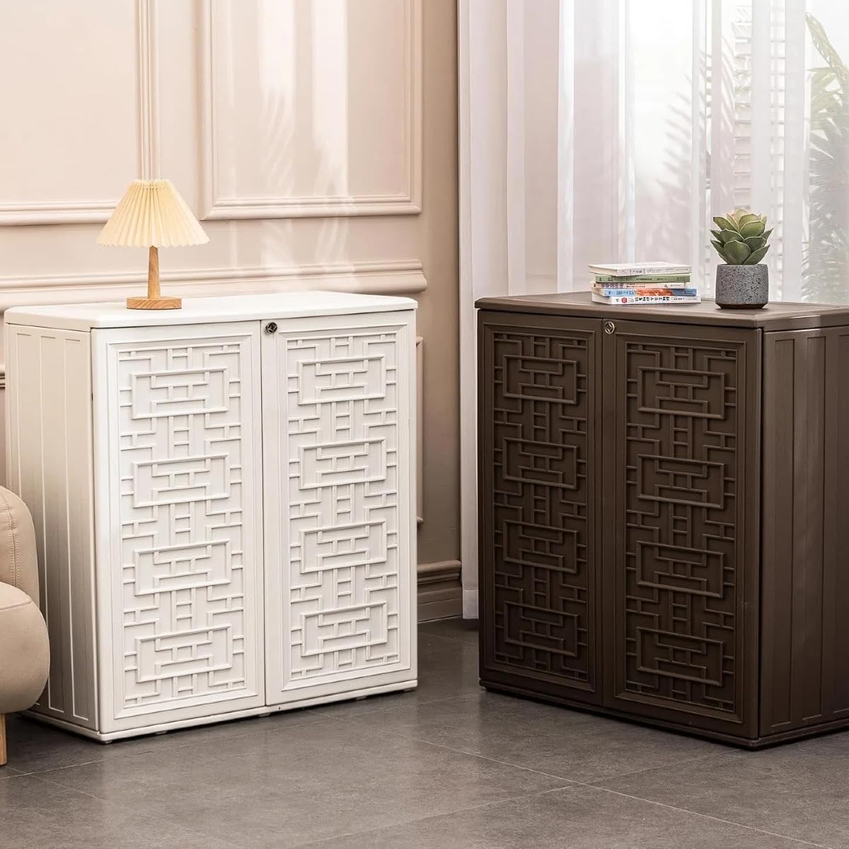 ZZM HDPE Outdoor Storage Shed, Outdoor Plastic Storage Cabinet, Horizontal Resin Tool Shed for Garden, All Weather Outdoor Storage Clearance, DIY Usage, with one Shelf (Coffee)