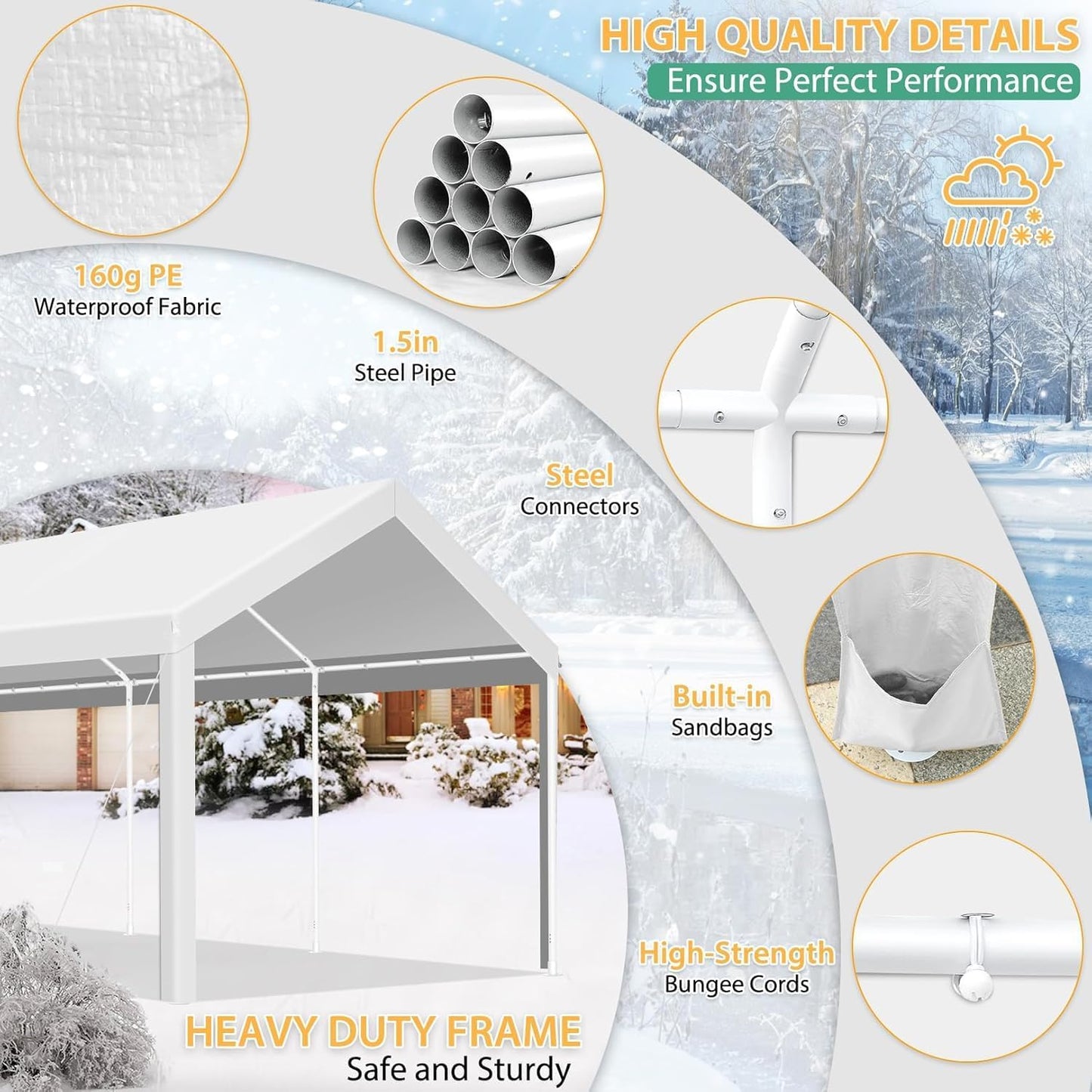 COBIZI Carport 12x20ft Heavy Duty Portable Garage, 2.0 Powder Coated Frame(Better Than Galvanized), Waterproof Shelter with Removable Sidewalls & Windows, Built-in Sandbags, for Car/Boat/SUV, White