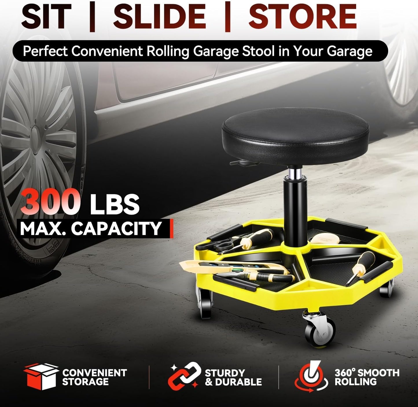 Auto Dynasty Mechanic Stool, Adjustable Rolling Pneumatic Creeper Garage Shop Seat with Tool Tray, 300 LBS Roller Seat for Workshop Auto Repair, Adjustable Height 15.7" to 21", Yellow