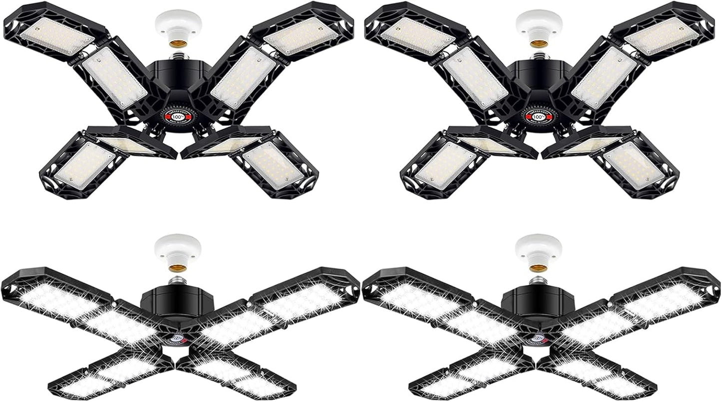 4 Pack LED Garage Light, Super Bright Screw in E26/E27 Ceiling Shop Work Lamp, 200W 20000 Lumen Deformable Basement Bulb Fixture with 8 Adjustable Panels