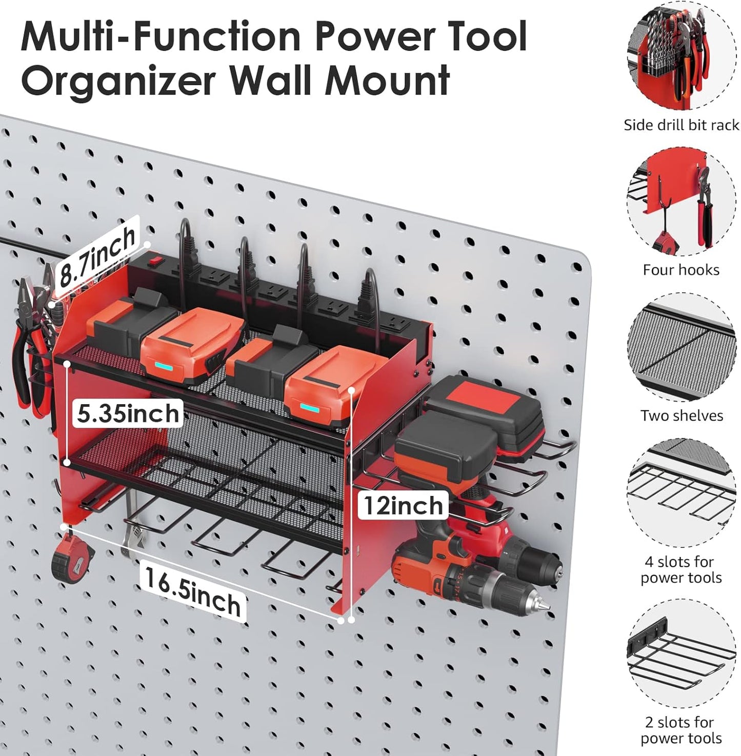 CCCEI Modular Power Tool Organizer Wall Mount Charging Station, Red 6 Drills Holder with 8 Plug Power Strip 10FT, Garage Drill Battery Heavy Duty Metal Shelf, Utility Rack with Hooks, Side Storage.