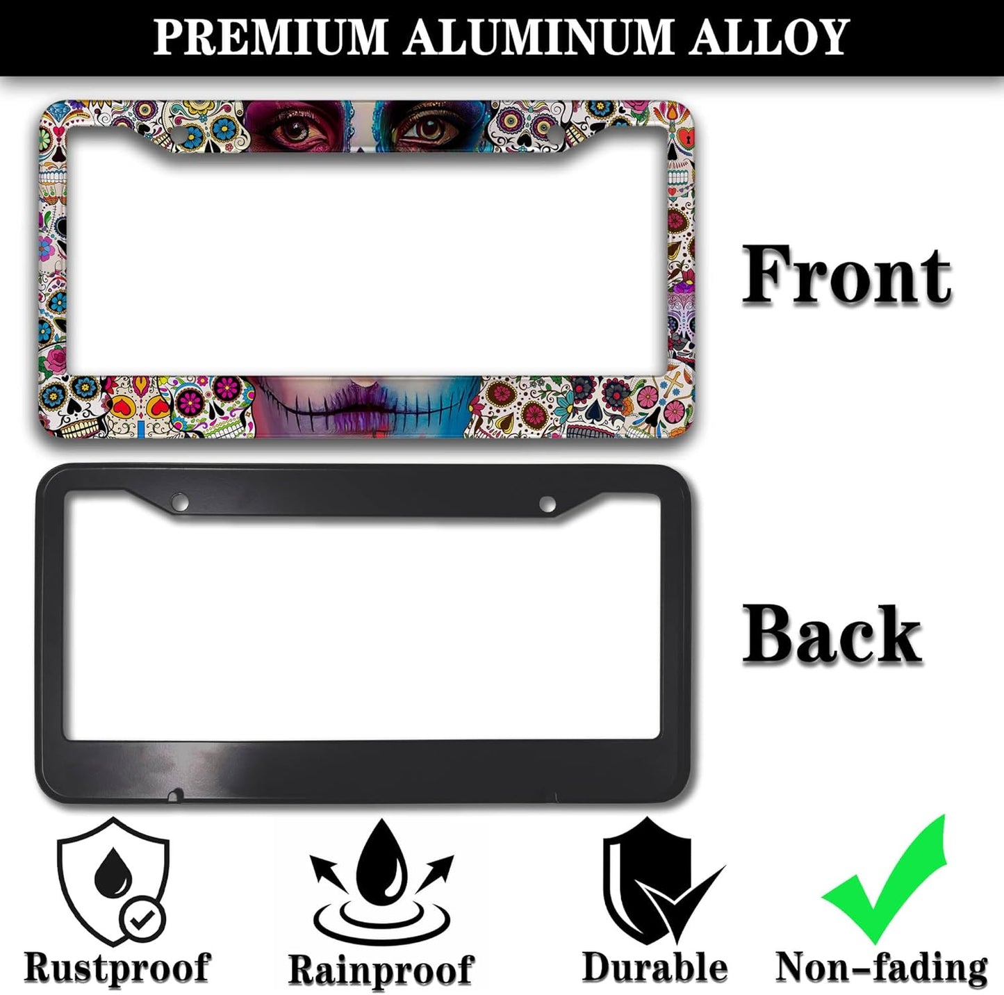 License Plate Frames for Women Multicolor Plate Cover for Men Sugar Skull Universal Aluminum Car Accessory 2 Pack with Screw Covers Set