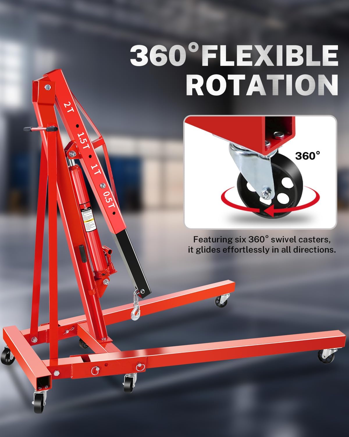 2-Ton Folding Engine Hoist with Lever, Hydraulic Shop Crane with 6 Swivel Wheels & Adjustable Boom (0.5T-2T), Heavy-Duty Cherry Picker for Garage, Workshop, Truck, Farm (Net Wt. 168 lbs)