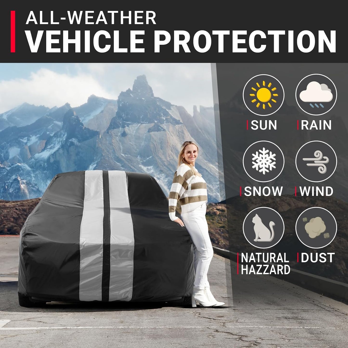 iCarCover Custom Car Cover for Pontiac Sunbird Wagon (1976-1980) Waterproof All-Weather Rain Snow UV Sun Protector Full Exterior Indoor Outdoor Car Cover (Stripe - Black/Gray)