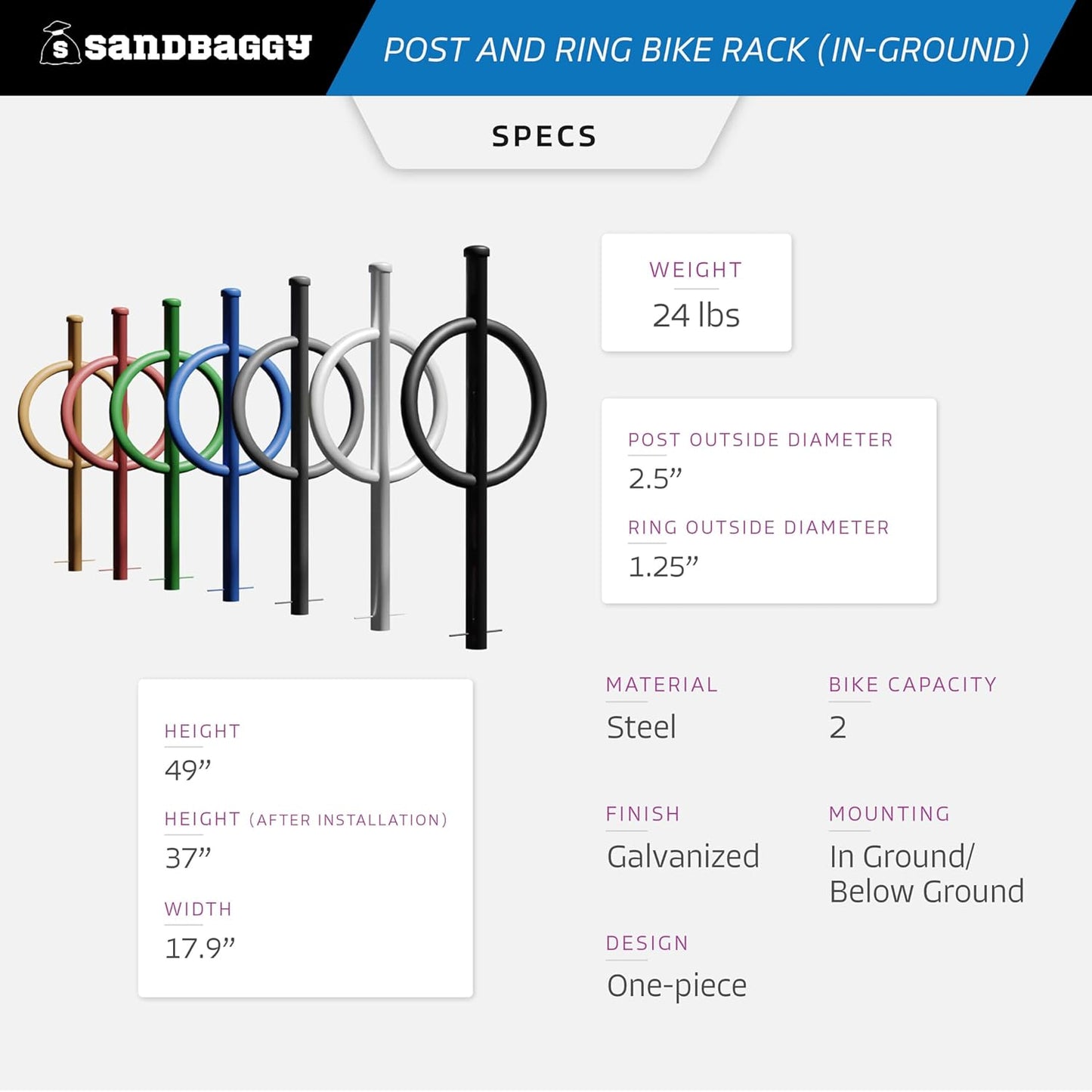 Sandbaggy Post and Ring Rack - In Ground - Commercial Outdoor Bike Parking & Storage Racks (Blue, 1)