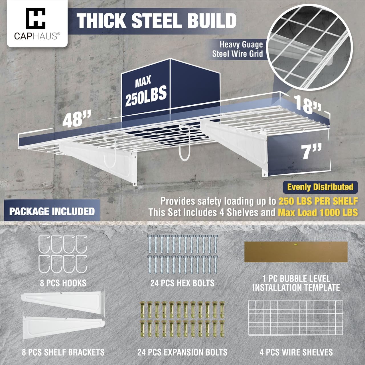 Fencer Wall Mounted Garage Shelving - 96" W x 18" D, 4 Hooks, White, Heavy Duty, 1000lb Capacity