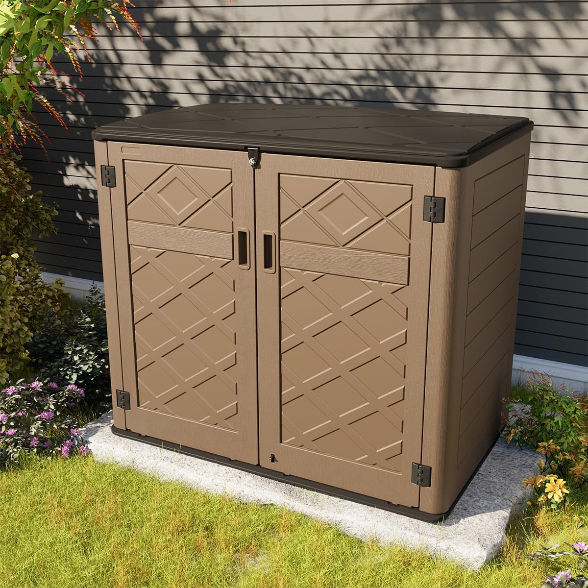 KINYING Larger Outdoor Storage Shed Weather Resistance, Resin Sheds & Outdoor Storage for Garden, Patios, Backyards, 48 Cu.Ft Tool Shed for Garbage Cans, Lawn Mower, Garden Tools,Brown