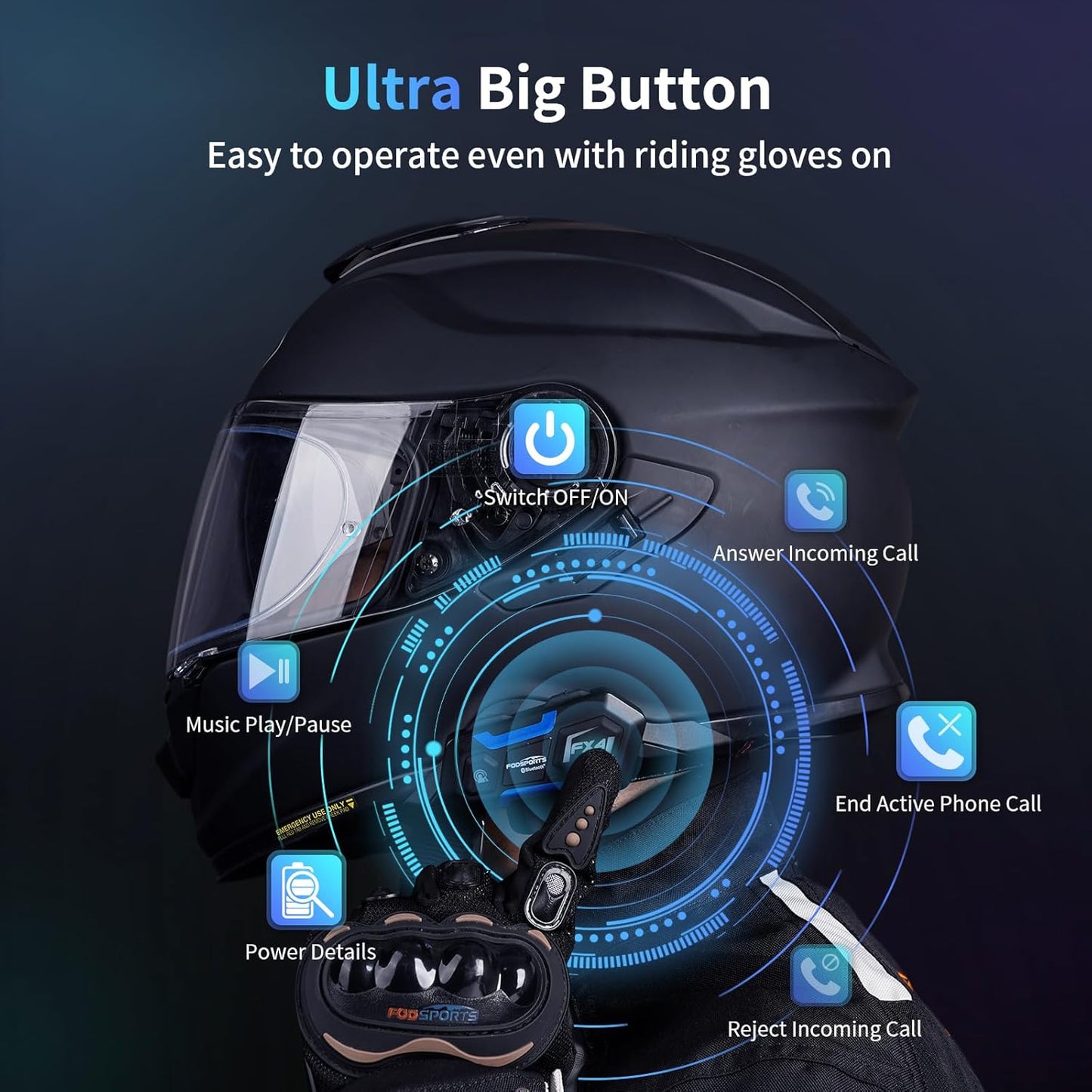 Fodsports Motorcycle Bluetooth Intercom FX4 Pro 1200m Helmet Intercom, 4 Riders Motorcycle Bluetooth Headset, Helmet Communication System FM/Hard &Soft Mic/2Pack