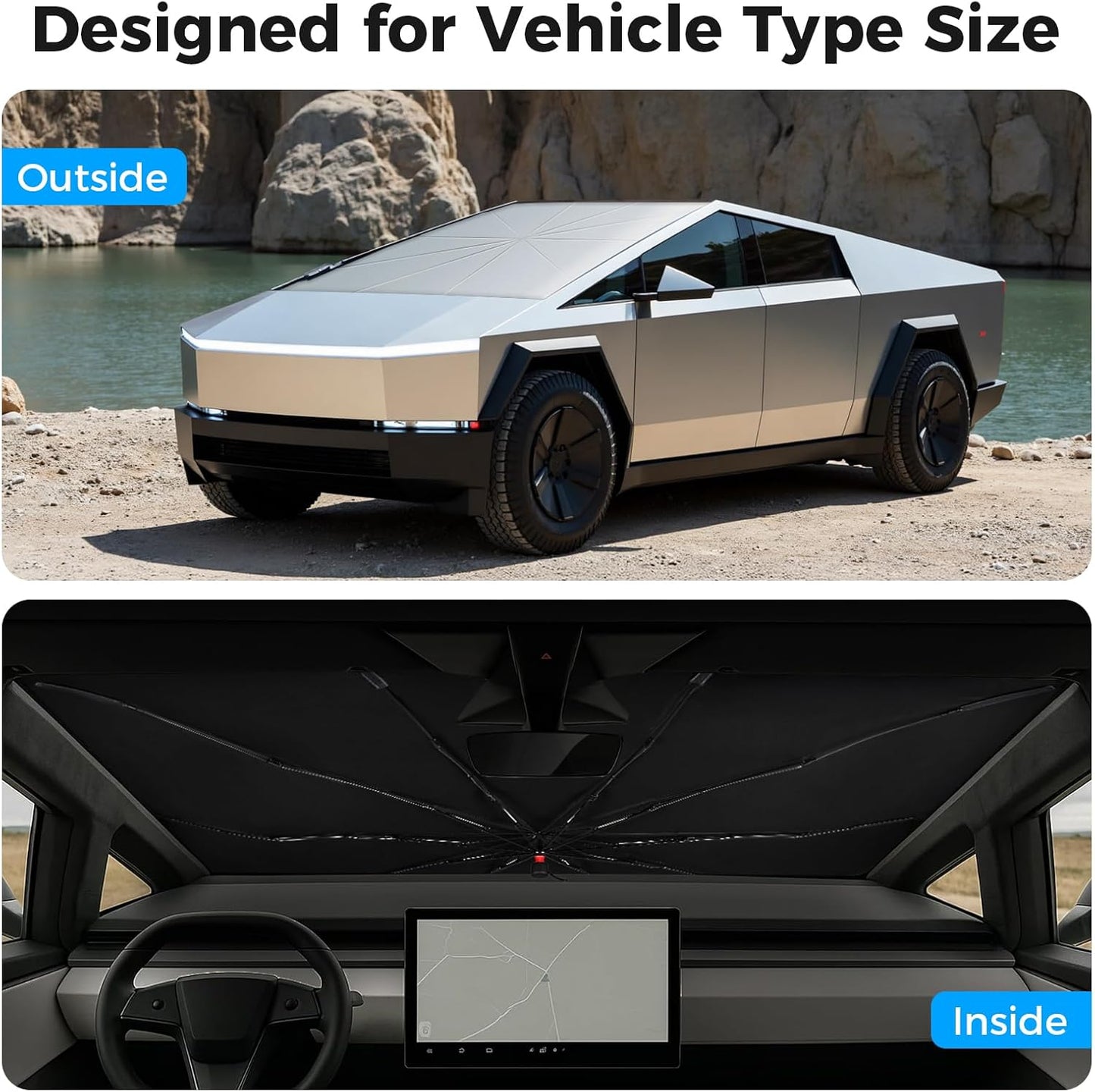 [2025 Upgrade] Cybertruck Windshield Sun Shade - Sunshade Umbrella for Tesla Cybertruck 2024 2025, Thickened Titanium Silver UV Block Coating, Front Window Heat Insulation Protection, 54''x 60''x 61''