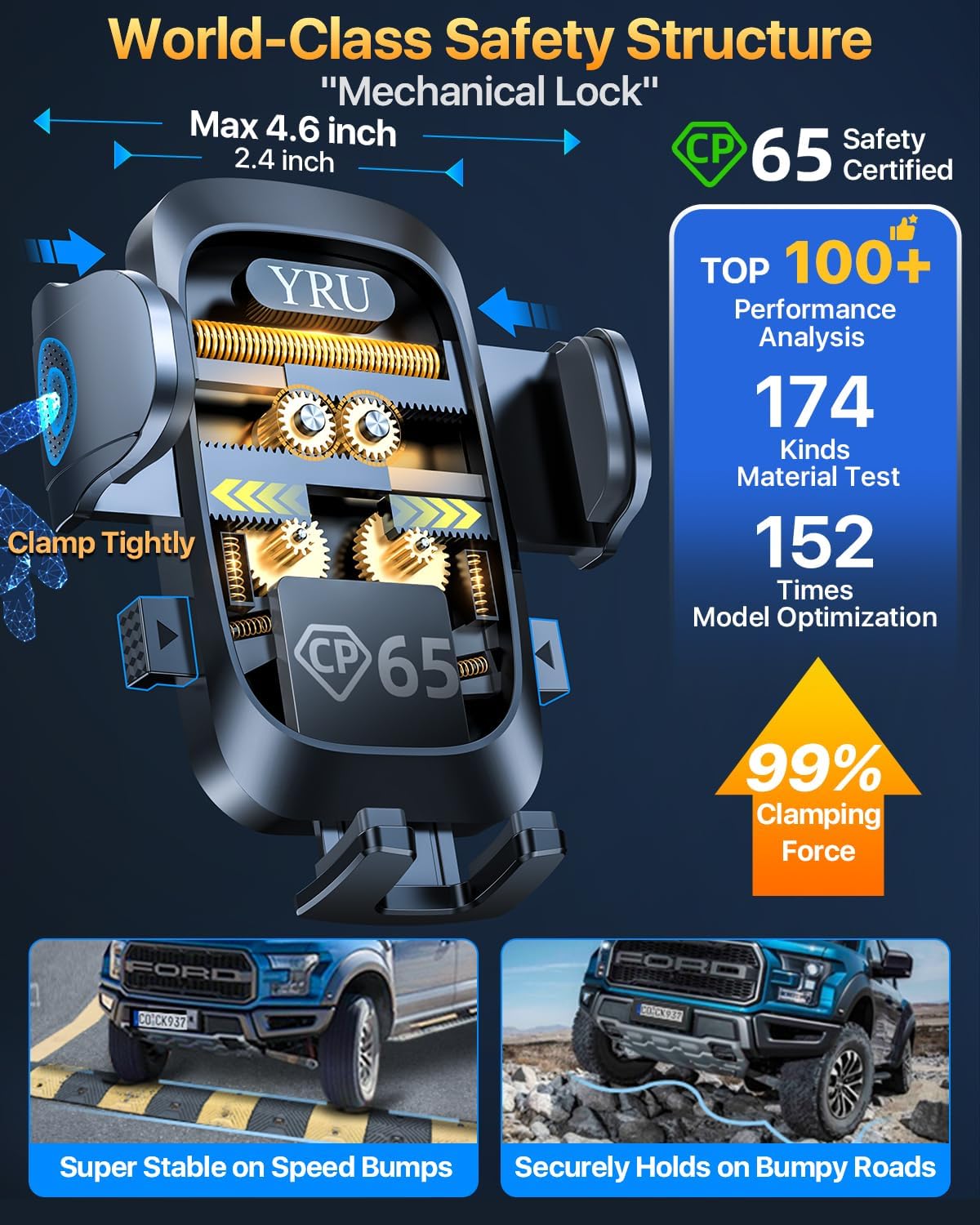 [2025 Upgrade Extreme Strong Suction] YRU Car Phone Holder Mount,[Bumpy Road Stable]Dashboard Cell Phone Holder for Car Vent Windshield Phone Stand for iPhone 16 15 14 13 Pro Max Samsung Truck, Black