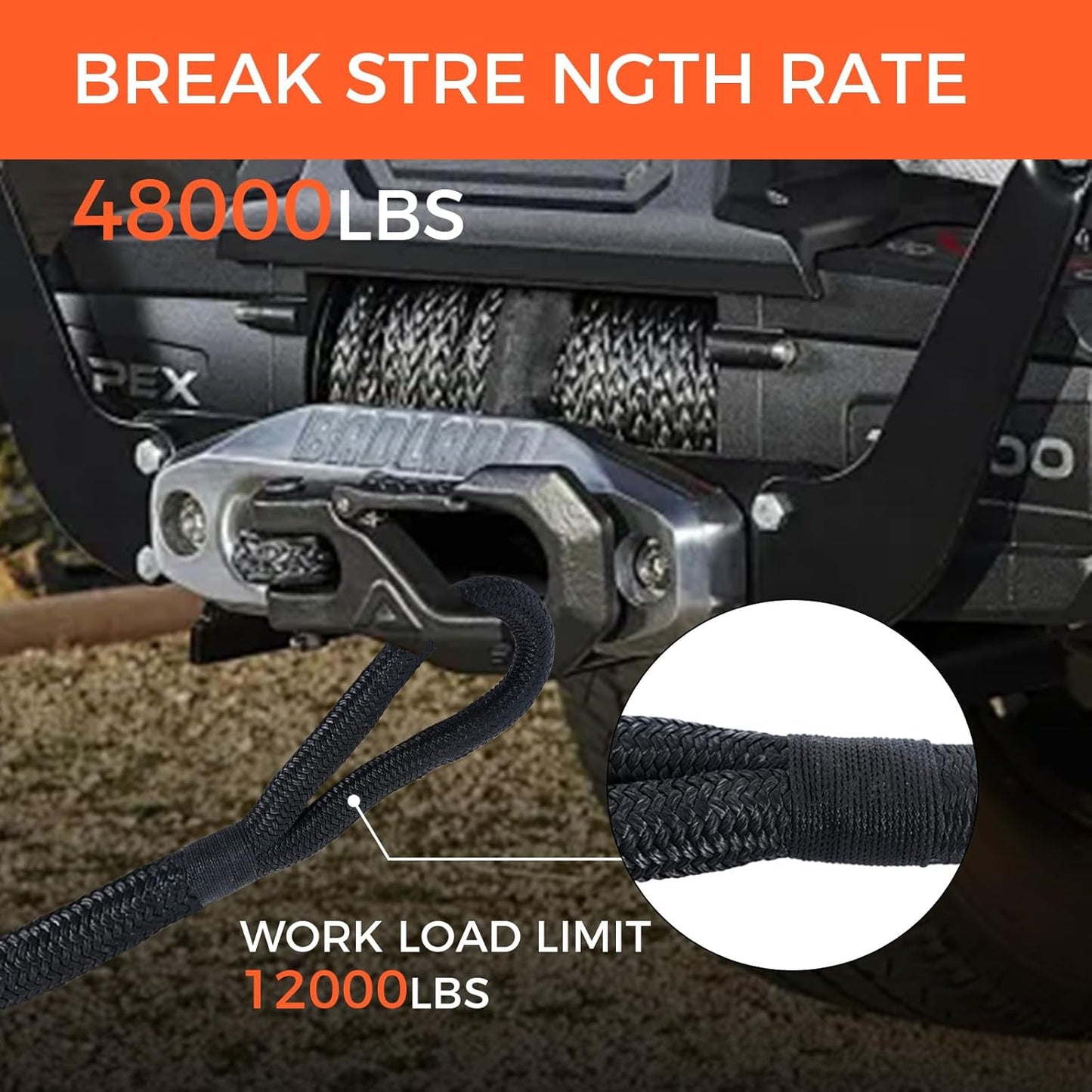 Kinetic Recovery Tow Rope, 48000LBS Snatch Strap with Soft Shackles, Extreme Duty 30% Elasticity Energy Offroad Towing Straps Kit for Car Jeep Trucks SUV UTV ATV Tractor - 1" x 20ft, Black