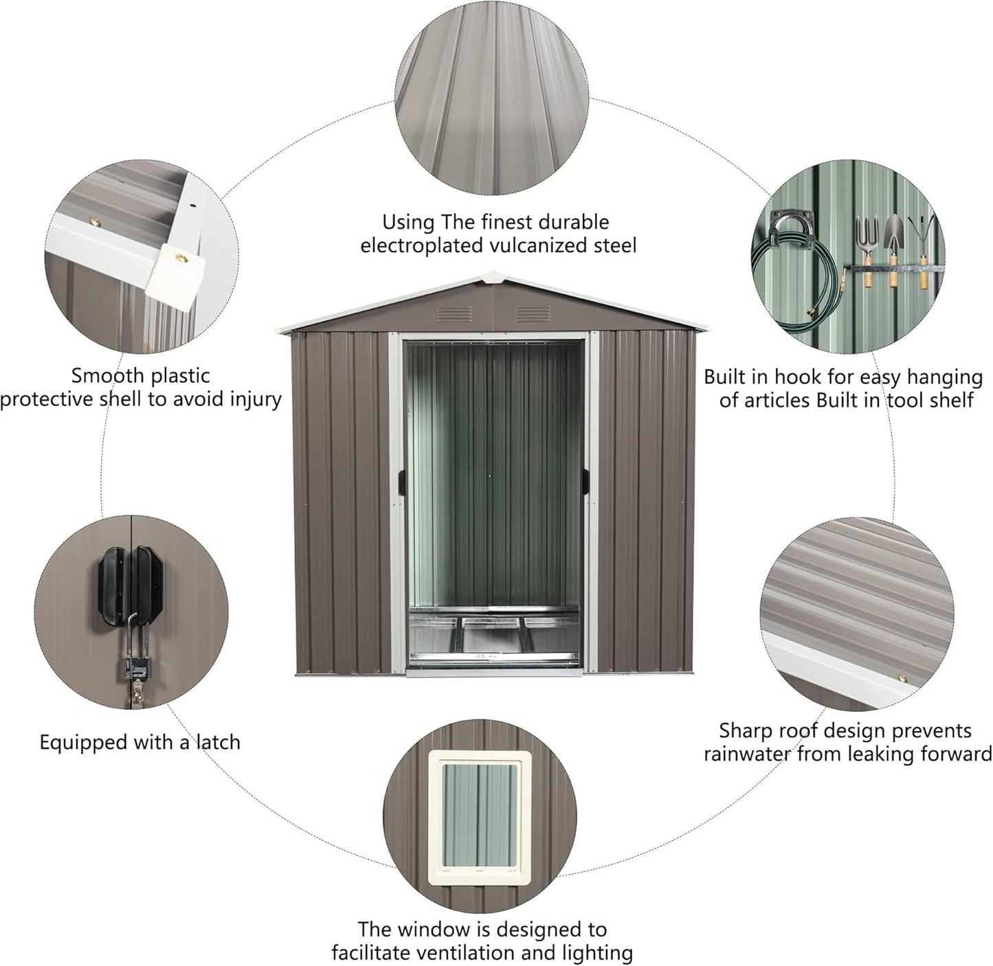 6x5 FT Outdoor Storage Shed, Metal Garden Shed with Frame Floor, Outside Tool Shed with Window, Waterproof Storage Building with Lockable Sliding Doors & Sloped Roof for Backyard, Patio, Warm Gray