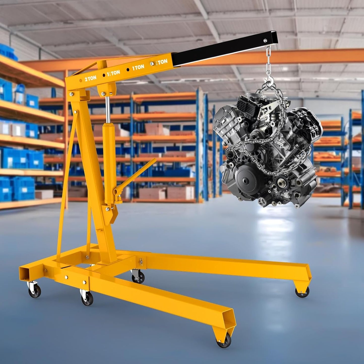 2-Ton Folding Hydraulic Engine Hoist with Lever, Heavy-Duty Engine Crane Cherry Picker with 6 Casters, Shop Lift for Garage, Workshop & Warehouse, Yellow