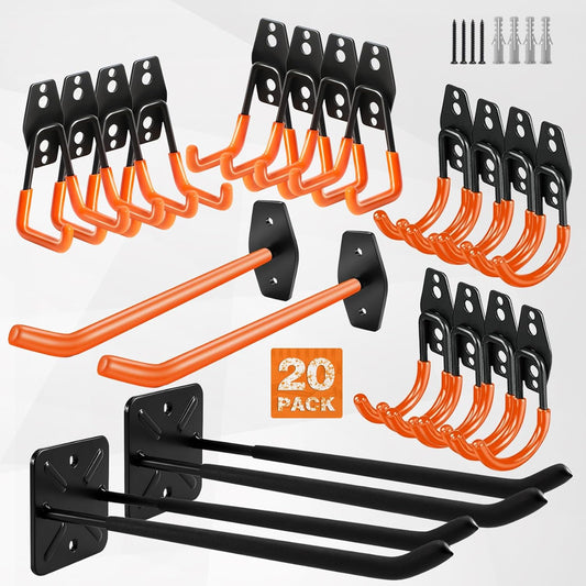 20 Pack Garage Storage Hooks Heavy Duty, Steel Bike Hook for Garage Organization, Utility Wall Mount Hooks with Anti-Slip Coating for Hanging Ladder, Ropes, Bike, Outdoor, Garden and Power Tool