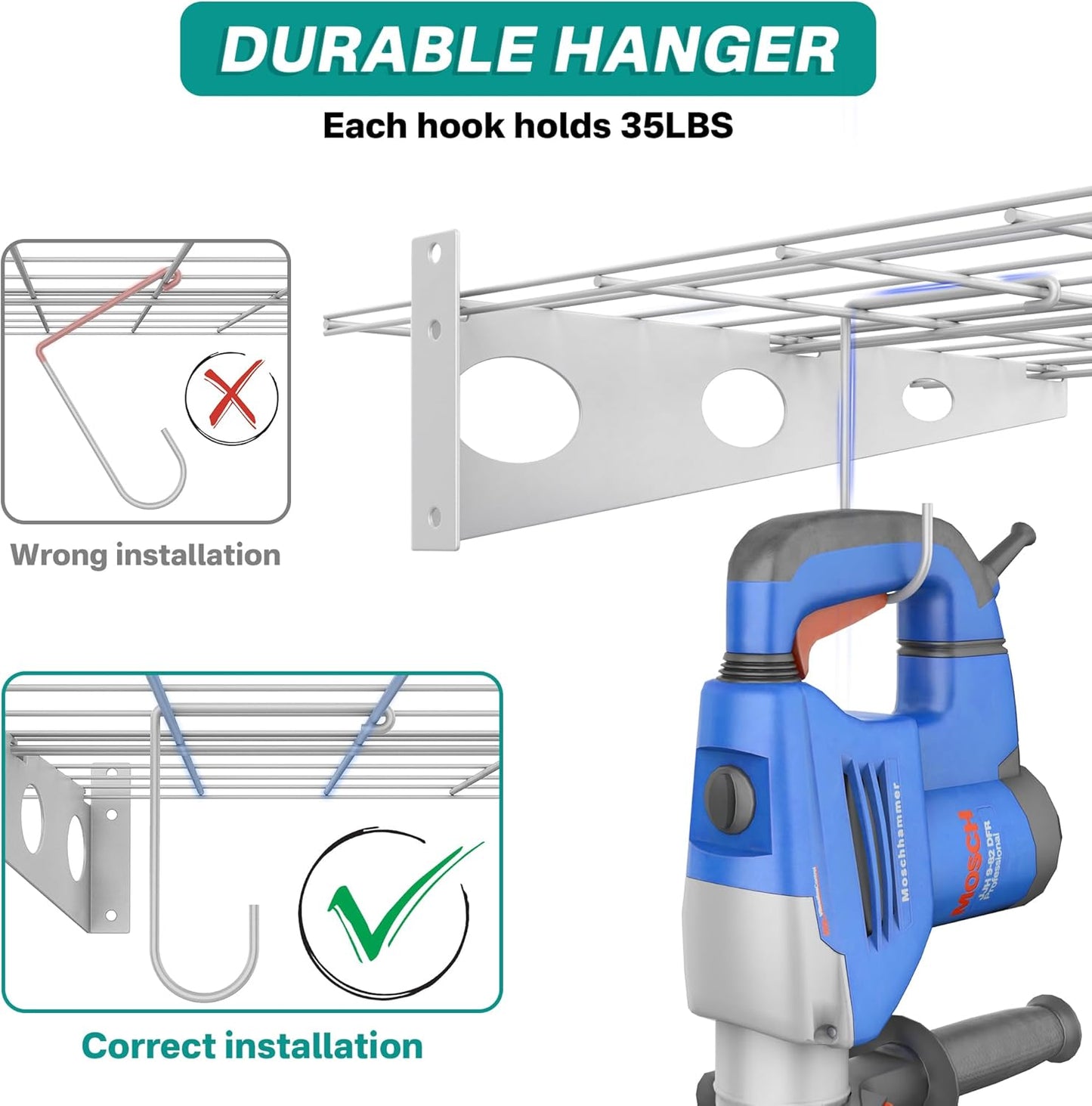 EVERHANGER Wall Mounted Garage Shelves, 2 x 4 ft Metal Storage Shelves, Heavy Duty Wall Shelving with Hooks, Holds Up to 220 Lbs, White