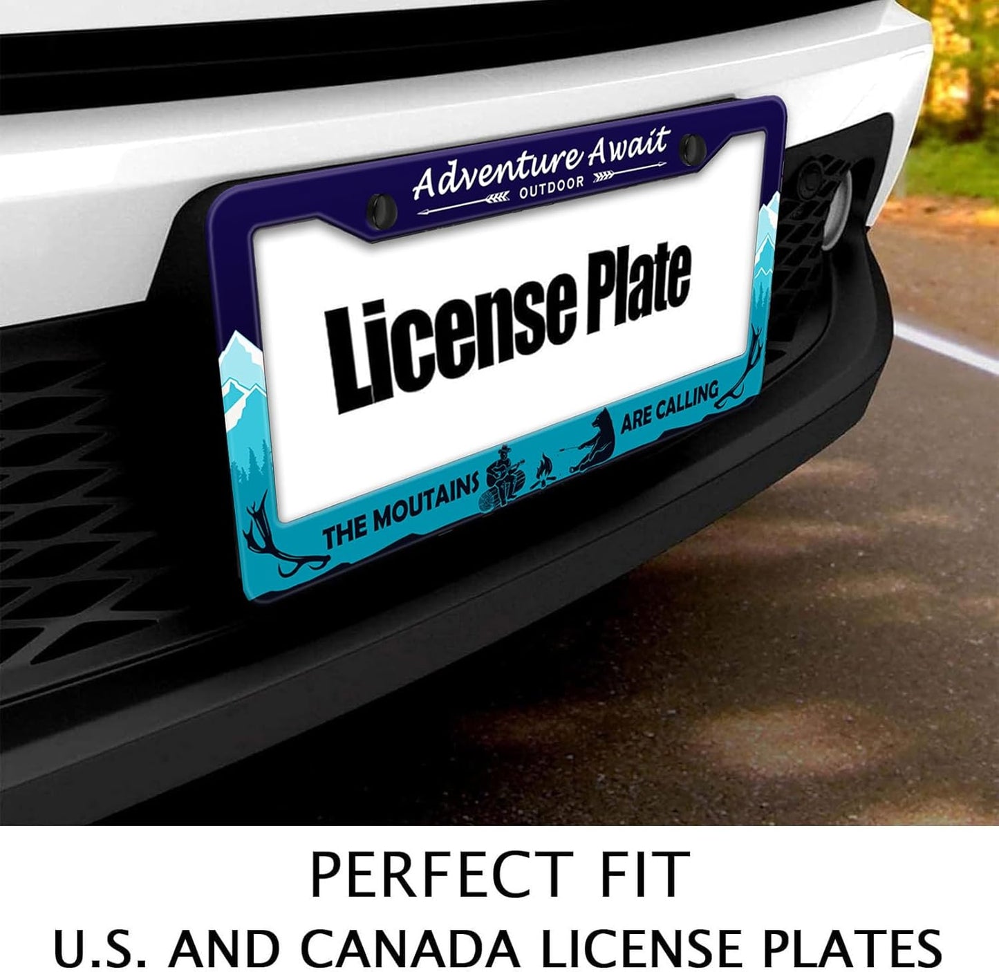 Adventure Await License Plate Frame, Mountains Forest Bear Outdoor License Plate Holder Cover, Metal Aluminum Rustproof Car Accessories for Men Women, Great Gift for Hiking Camping Enthusiasts