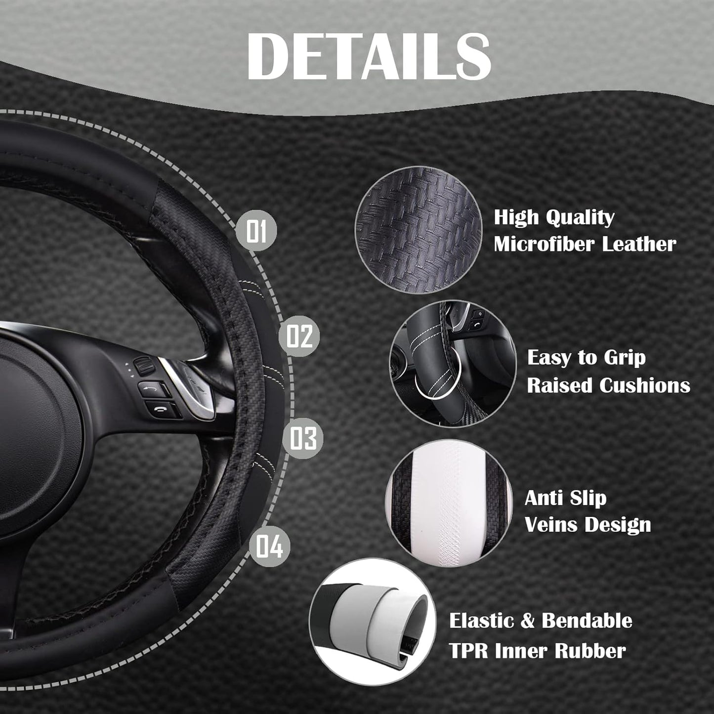 CAR PASS Line Rider Microfiber Leather Sporty 14.5-15 inch Steering Wheel Cover Universal Fits for 95% Truck,SUV,Cars, Anti-Slip Safety Comfortable Design (Black Carbon Fiber)