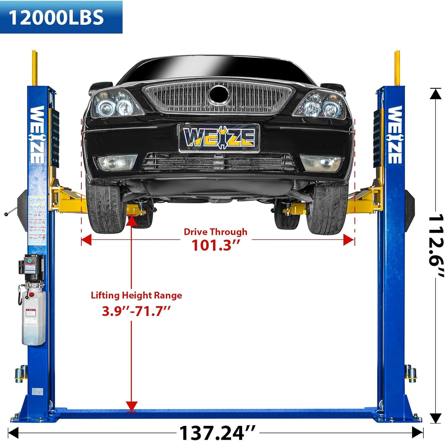 WEIZE 2 Post Automotive Car Lift, 12,000 lbs Capacity,220V 4HP Powerful Motor with Single Point Lock Release for Repaire Shop