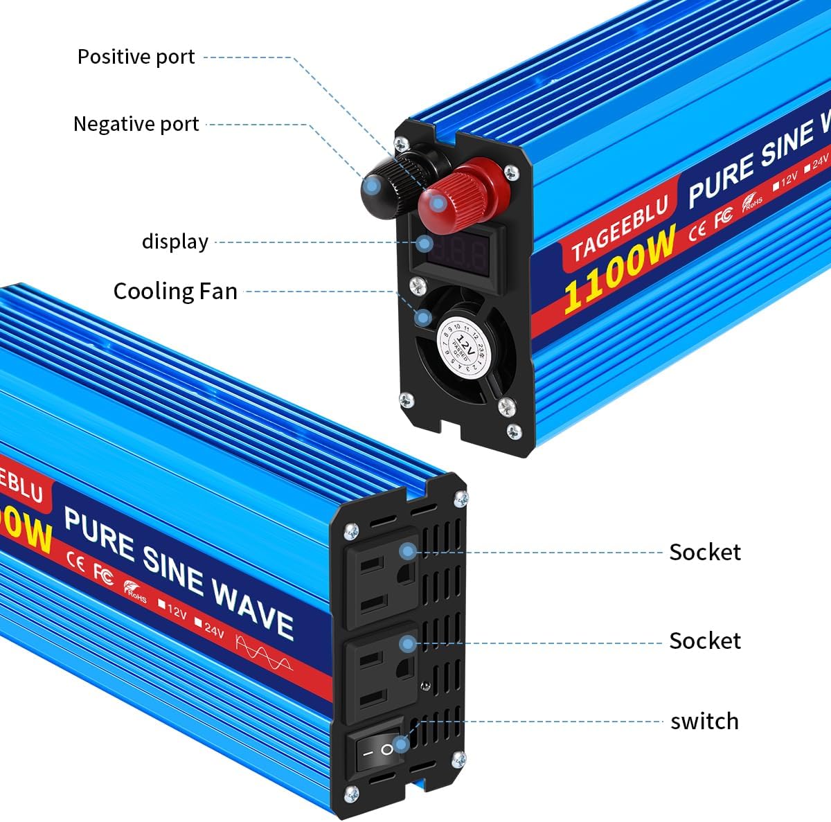 1100 Watt Pure Sine Wave Inverter, Solar Power Inverter, 12V DC to 110V AC Converter for RV, Home, Truck, Coffee Maker, Washer, TV, Fridge, Solar Power Pack with 2 AC Outlets and LCD Display