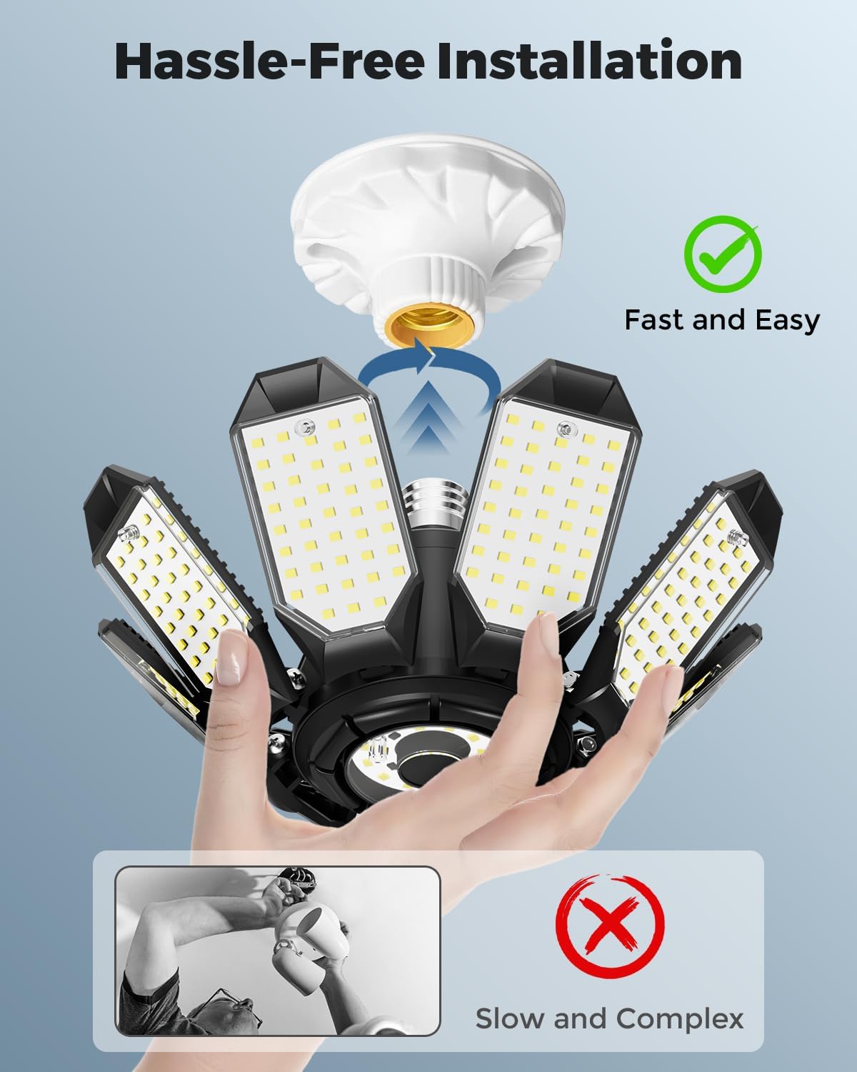 Adiding LED Garage Ceiling Lights 14000Lm w/ 8 Adjustable Panels, Super Bright Deformable Basement Light Bulb Fixture Screw in E26 Bulbs Socket for Indoor Shop, Workshop, Attic, Barn, Bay, Home Gym