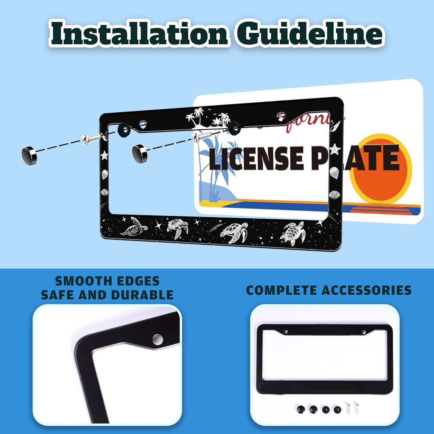 Turtle License Plate Frame Beach Shell Animal License Plate Holder for Front or Rear Car Tags Stainless Steel Funny Car Decoration with Screws 6.3 X 12.2 in