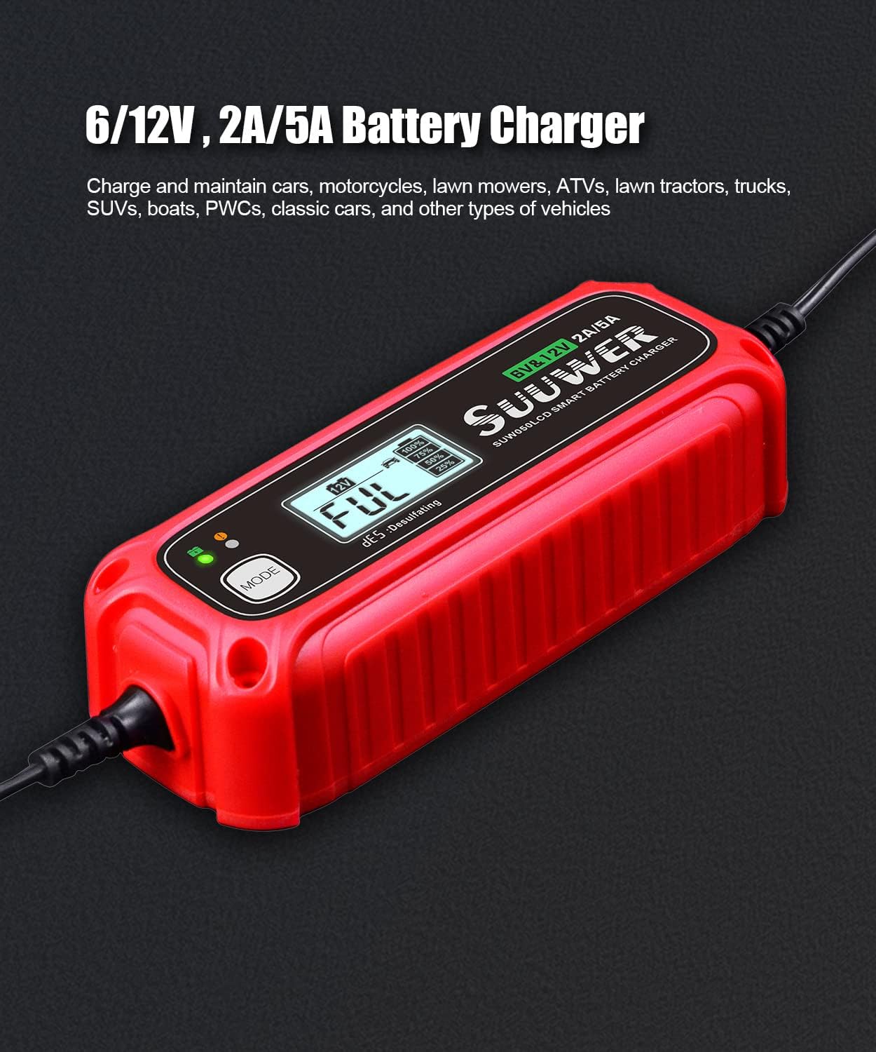 5-Amp High-Efficiency 6V&12V Smart Car Battery Charger, Battery Maintainer, Trickle Charger, Float Charger and Desulfator for Car, Motorcycle, ATV, Lithium (LiFePO4) and Deep Cycle Batteries