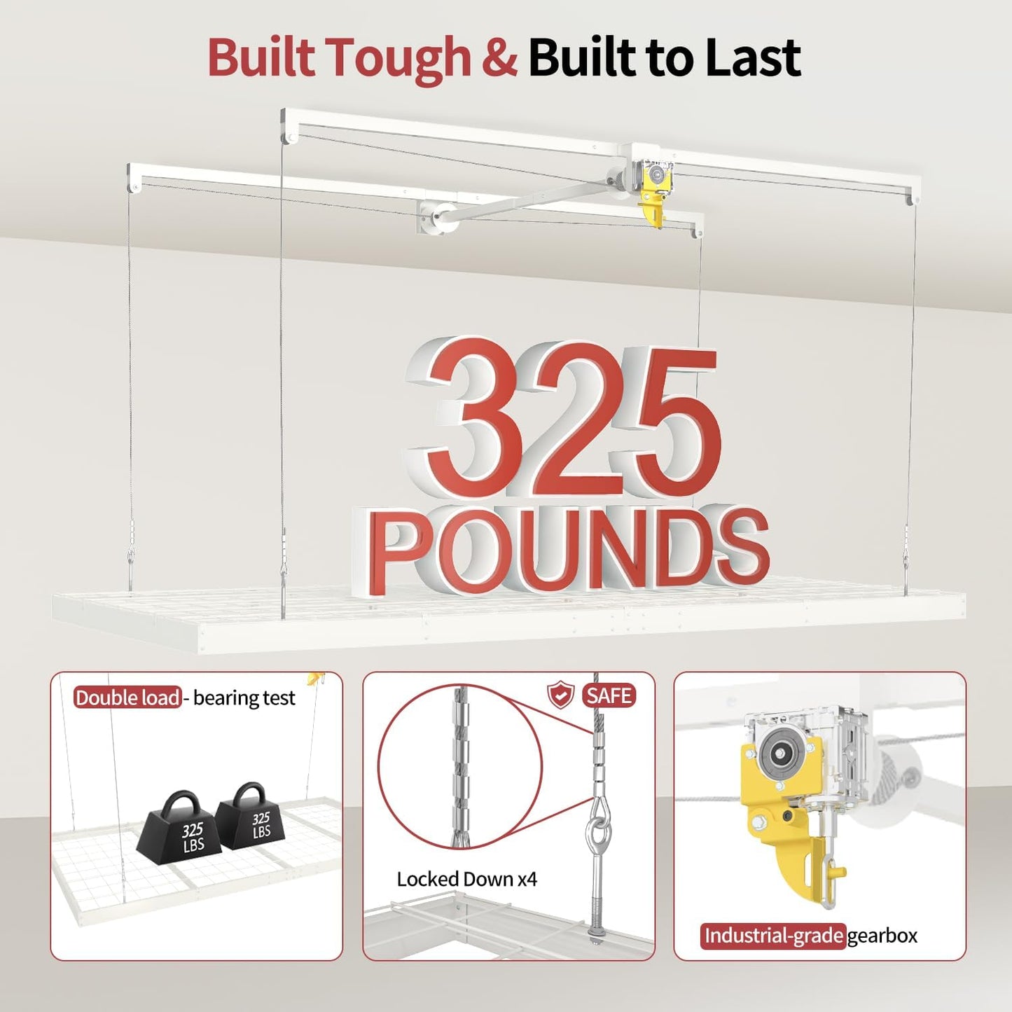 Garage Ceiling Storage Racks – 4x8 FT Overhead Garage Storage Rack with Safety Lock, Heavy-Duty Ceiling Mounted Lift System and Storage Organizer, Ideal for Maximizing Overhead Space, 325 lbs Capacity