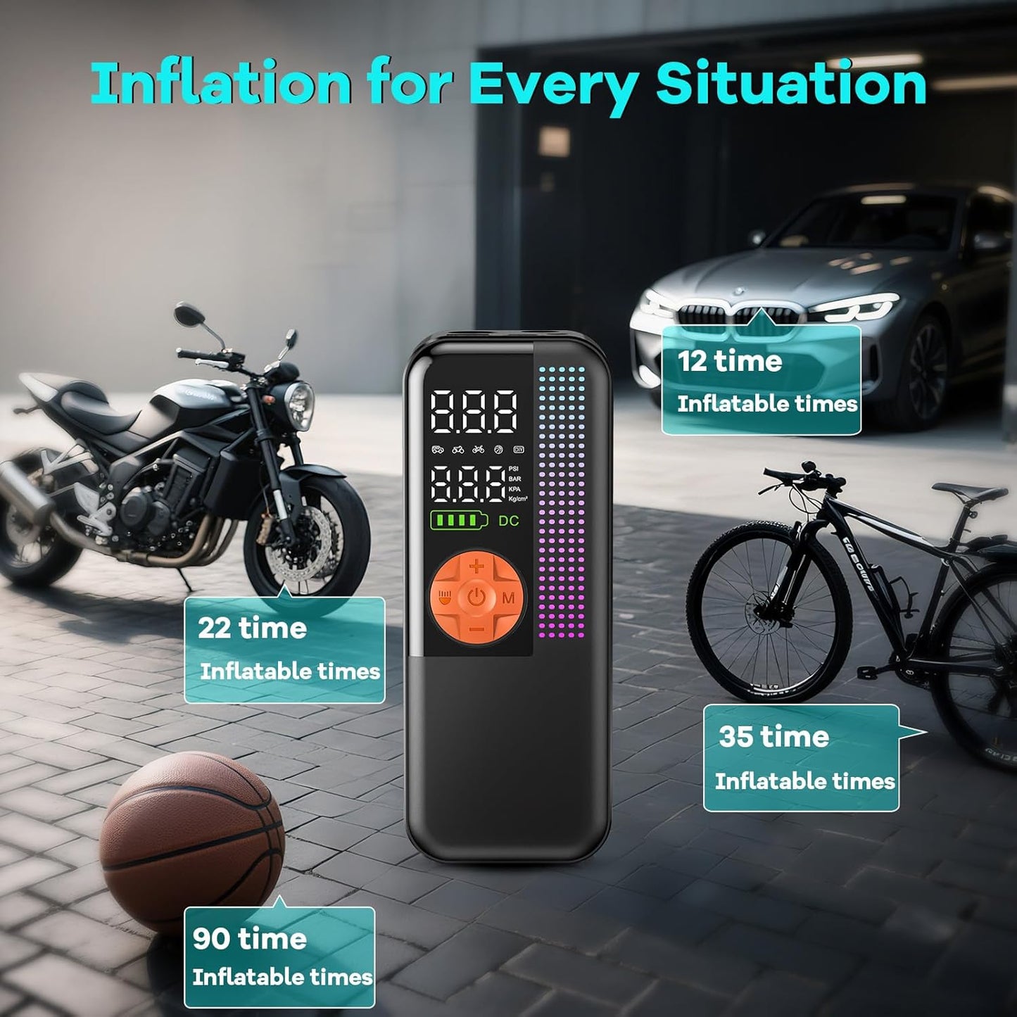 Portable Tire Inflator Air Compressor, 150 PSI Cordless Air Pump, 6000mAh Battery & 12V Car Outlet, Digital Pressure Gauge, Auto Shut-Off, Fast 24L/Min, LED Light, 4 Preset Modes for Car, Bike, Balls