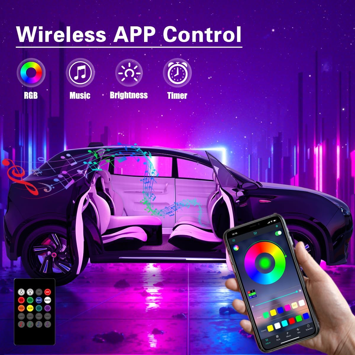 Interior Car Lights with Wireless APP & Remote Control, 9 in 1 RGB Car Ambient Lighting Kit with 4 Under Dash Lights & 5 Fiber Optic LED Strips, Sync to Music Inside Car Accessories