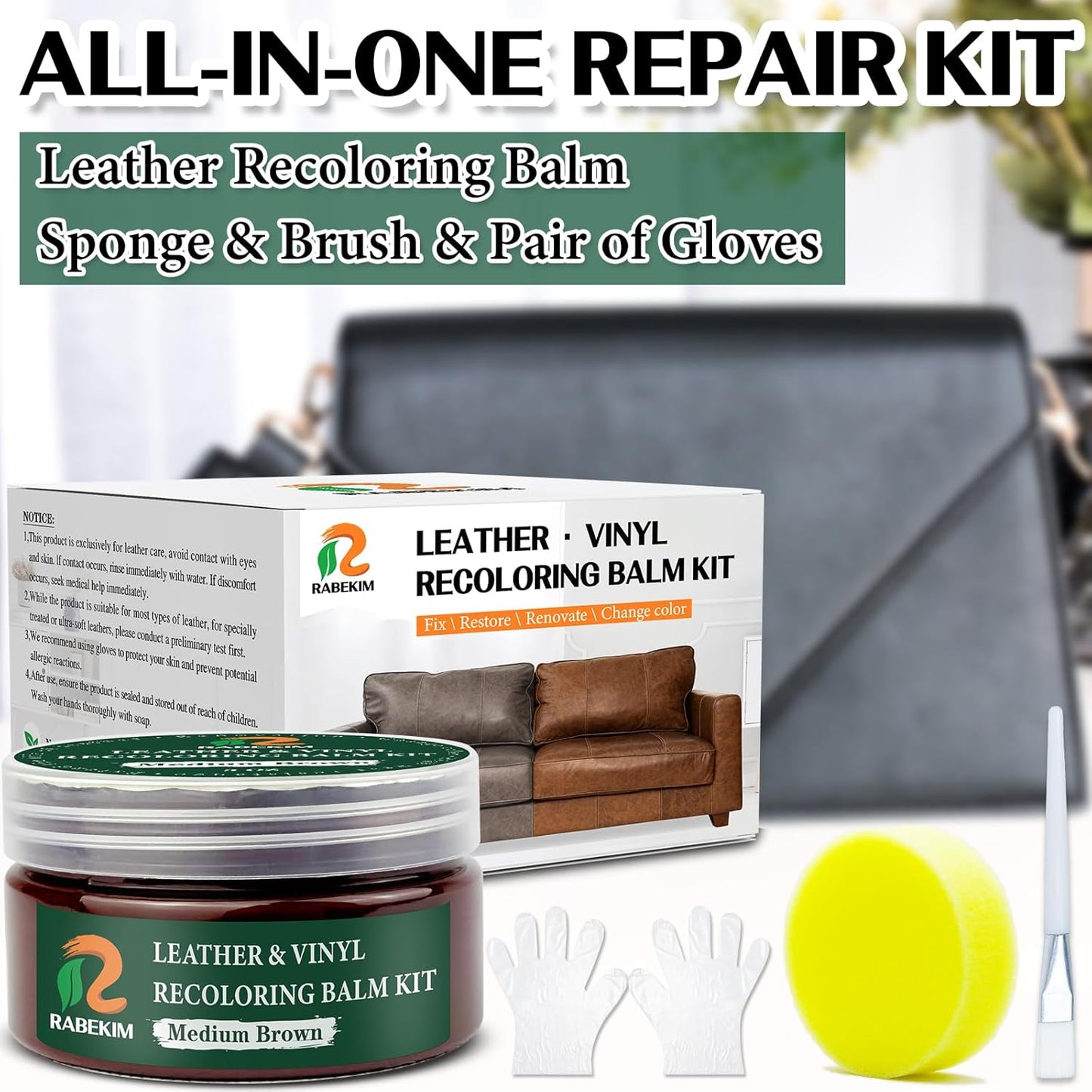 Medium Brown Leather Repair Kit, Leather Recoloring Balm – Restore & Repair Faded Leather on Couches, Car Seats, Shoes & Furniture | Leather Color Restorer & Conditioner | Easy DIY Application
